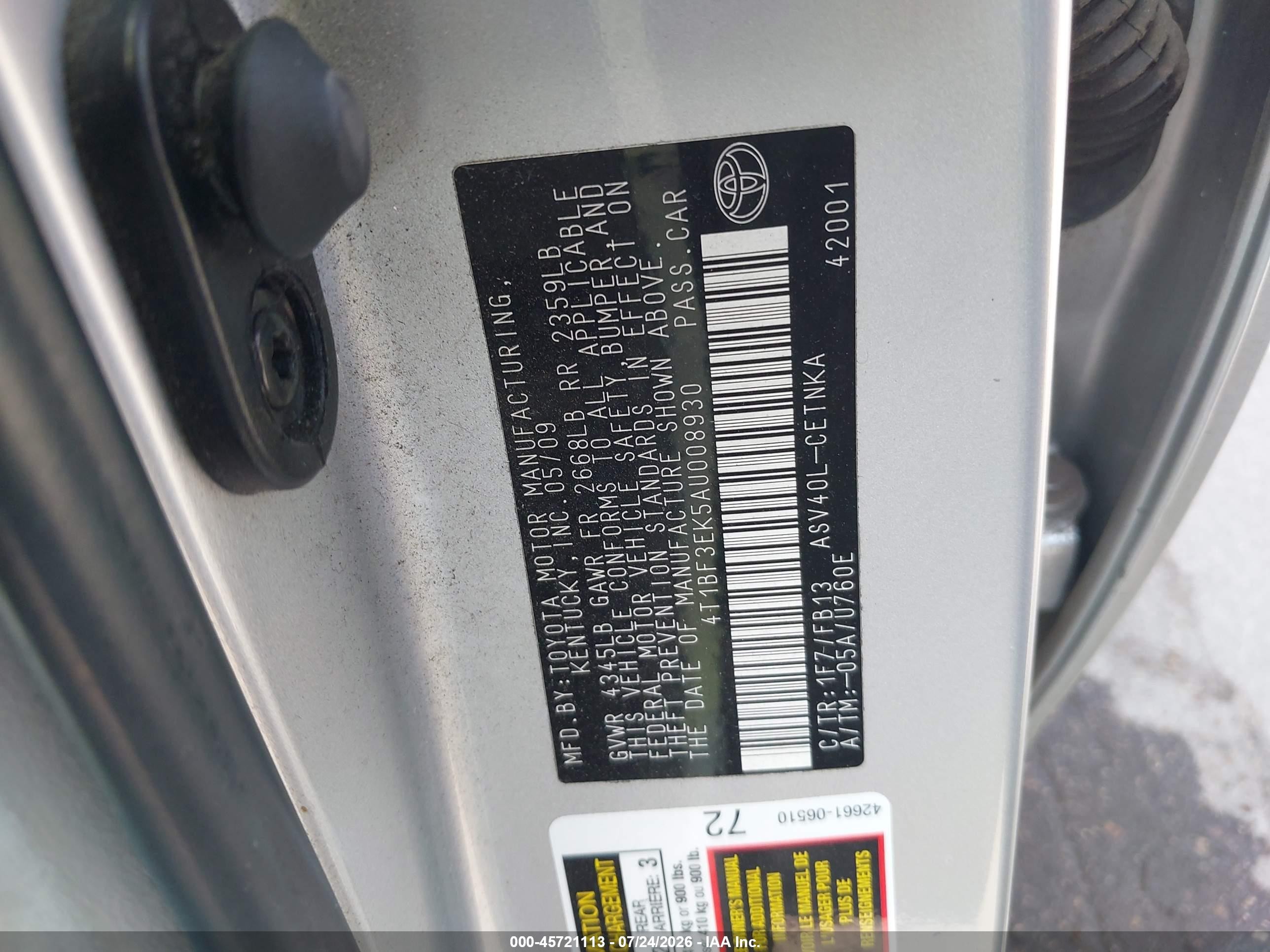 2010 Toyota Camry Le Silver vin: 4T1BF3EK5AU008930