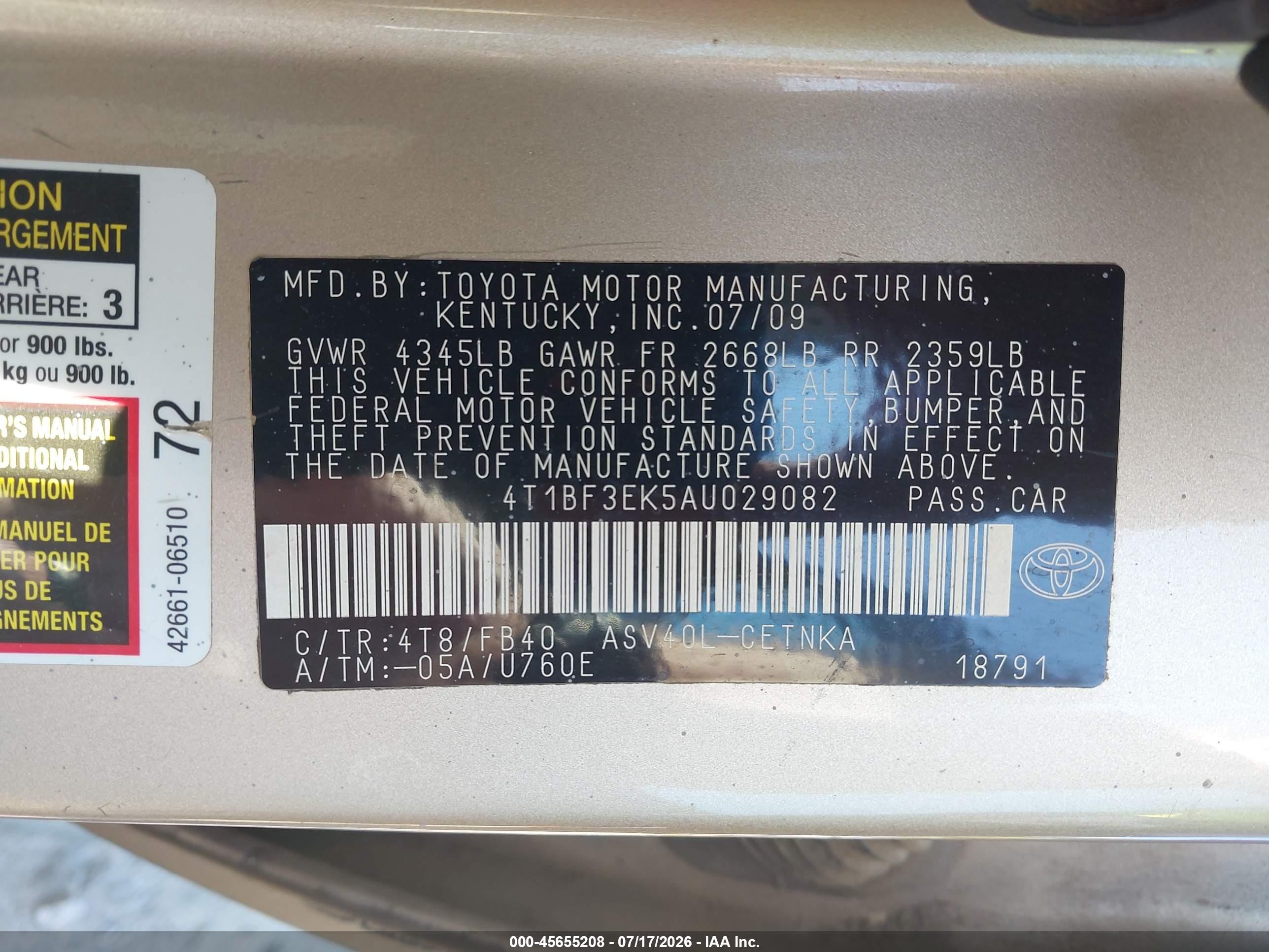 2010 Toyota Camry Le Золотой vin: 4T1BF3EK5AU029082