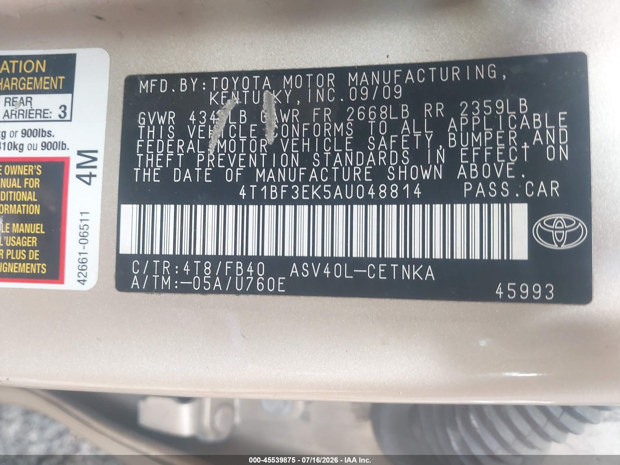2010 Toyota Camry Le Золотой vin: 4T1BF3EK5AU048814