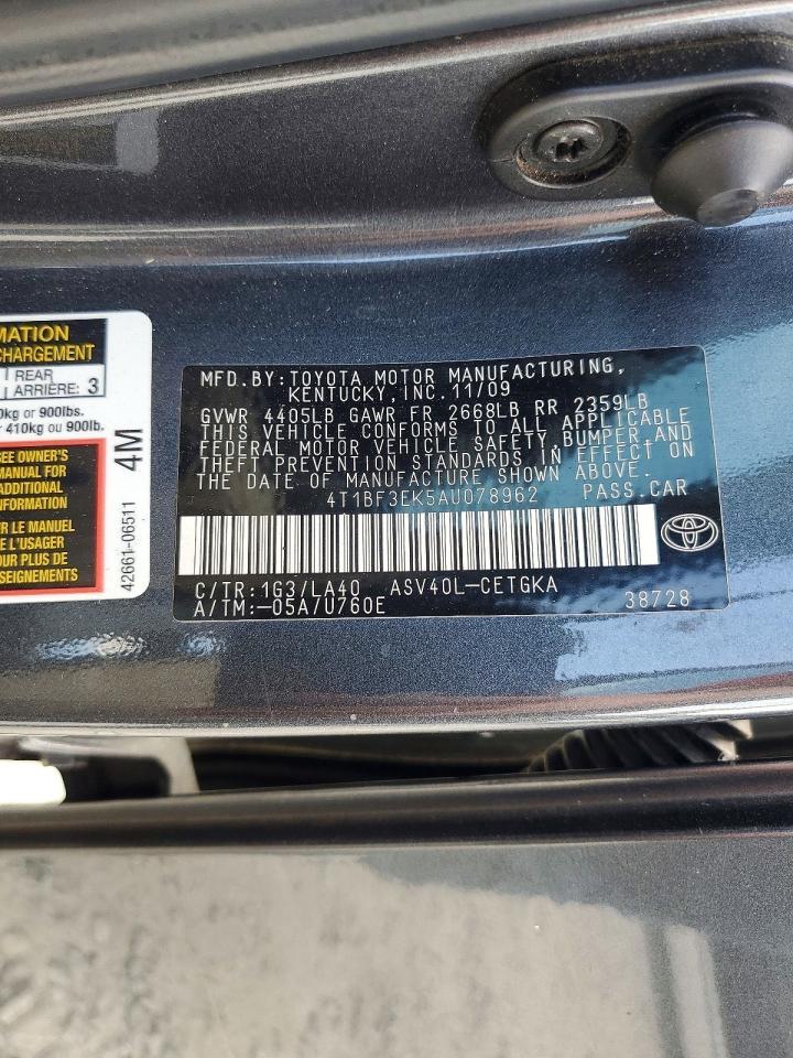2010 Toyota Camry Xle Gray vin: 4T1BF3EK5AU078962