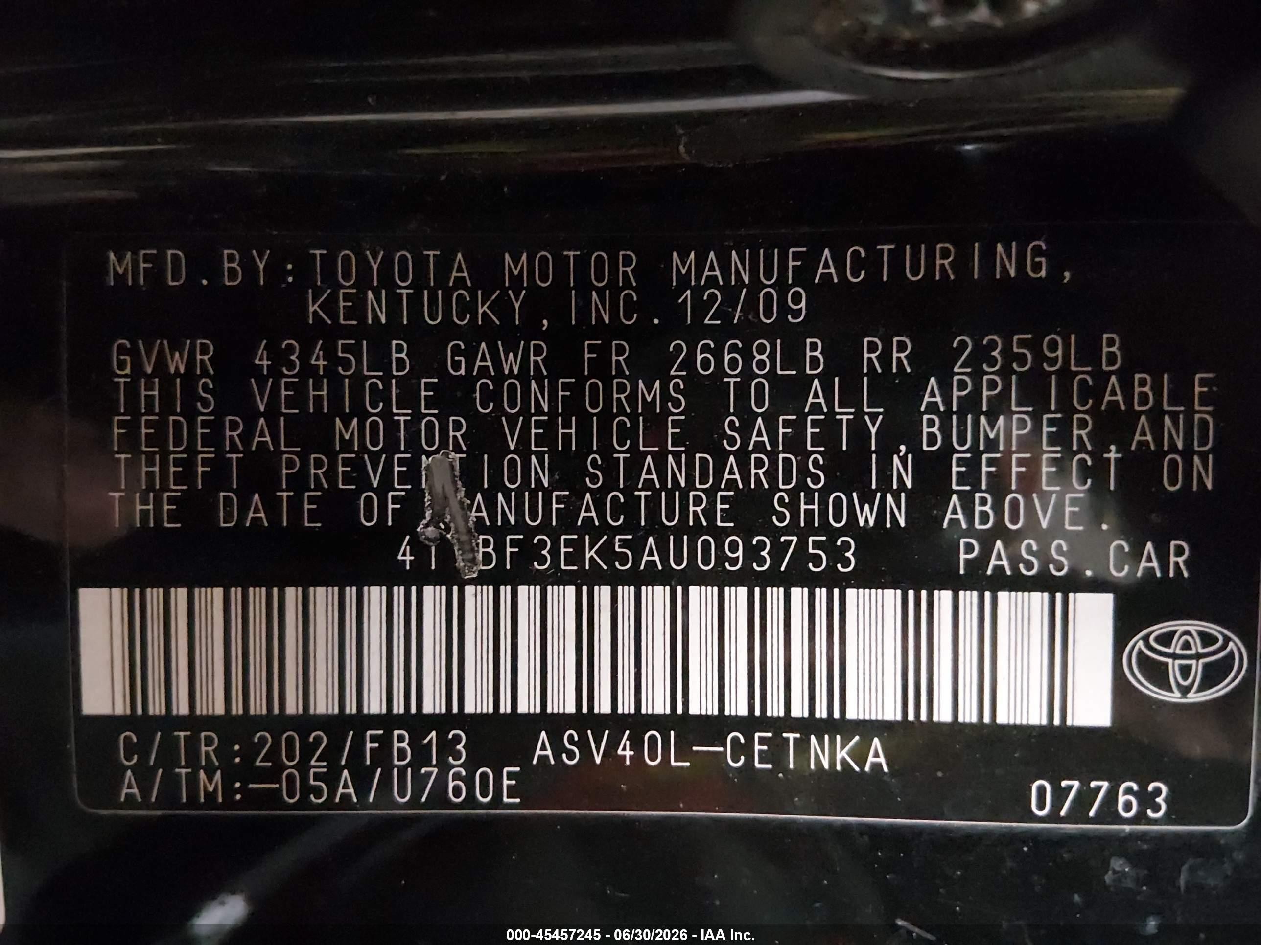 2010 Toyota Camry Le Black vin: 4T1BF3EK5AU093753