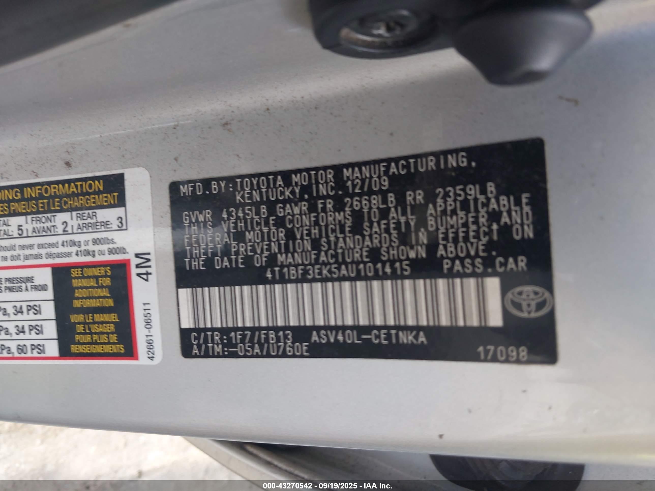 2010 Toyota Camry Le Silver vin: 4T1BF3EK5AU101415