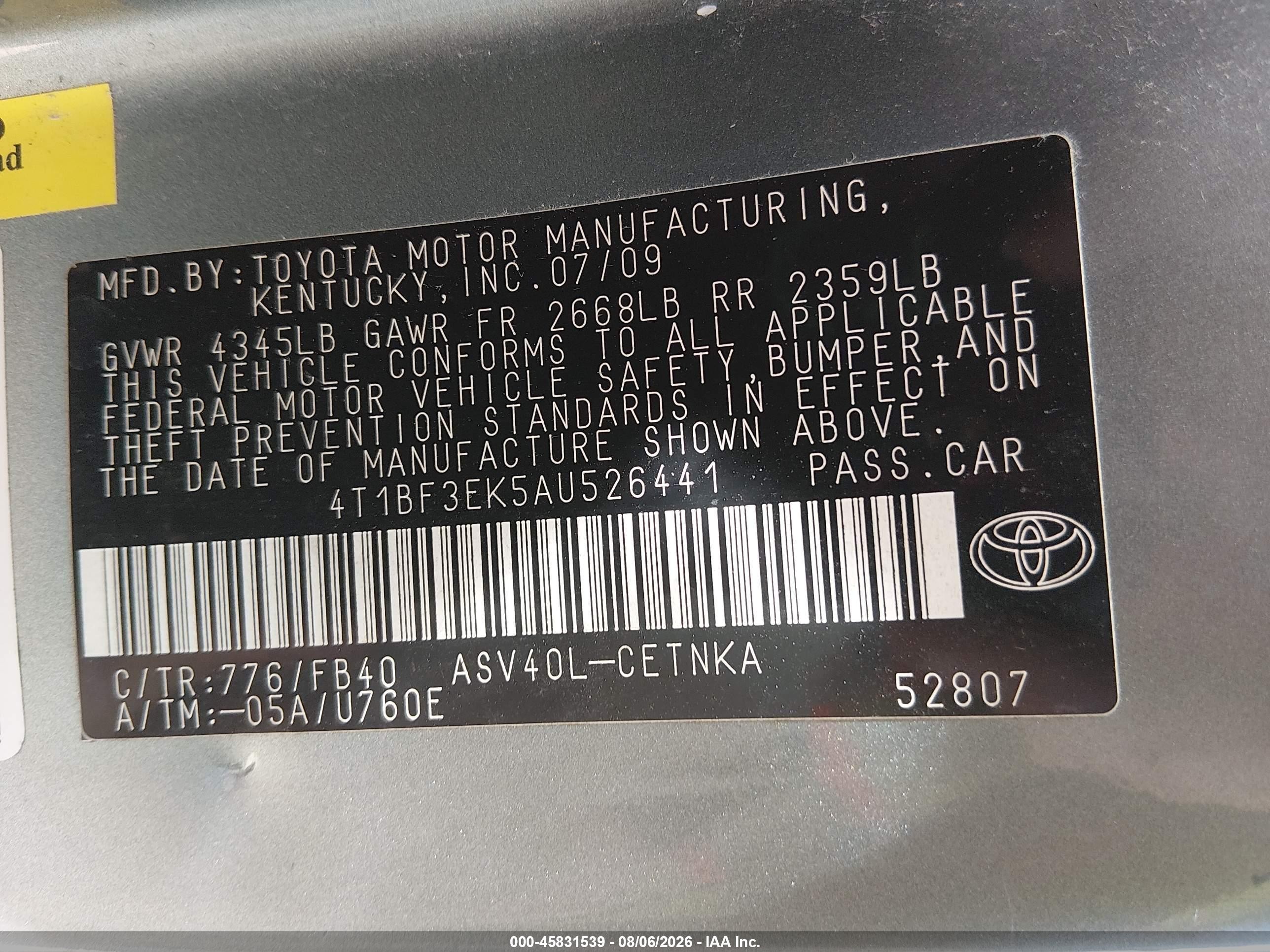 2010 Toyota Camry Le Light Blue vin: 4T1BF3EK5AU526441