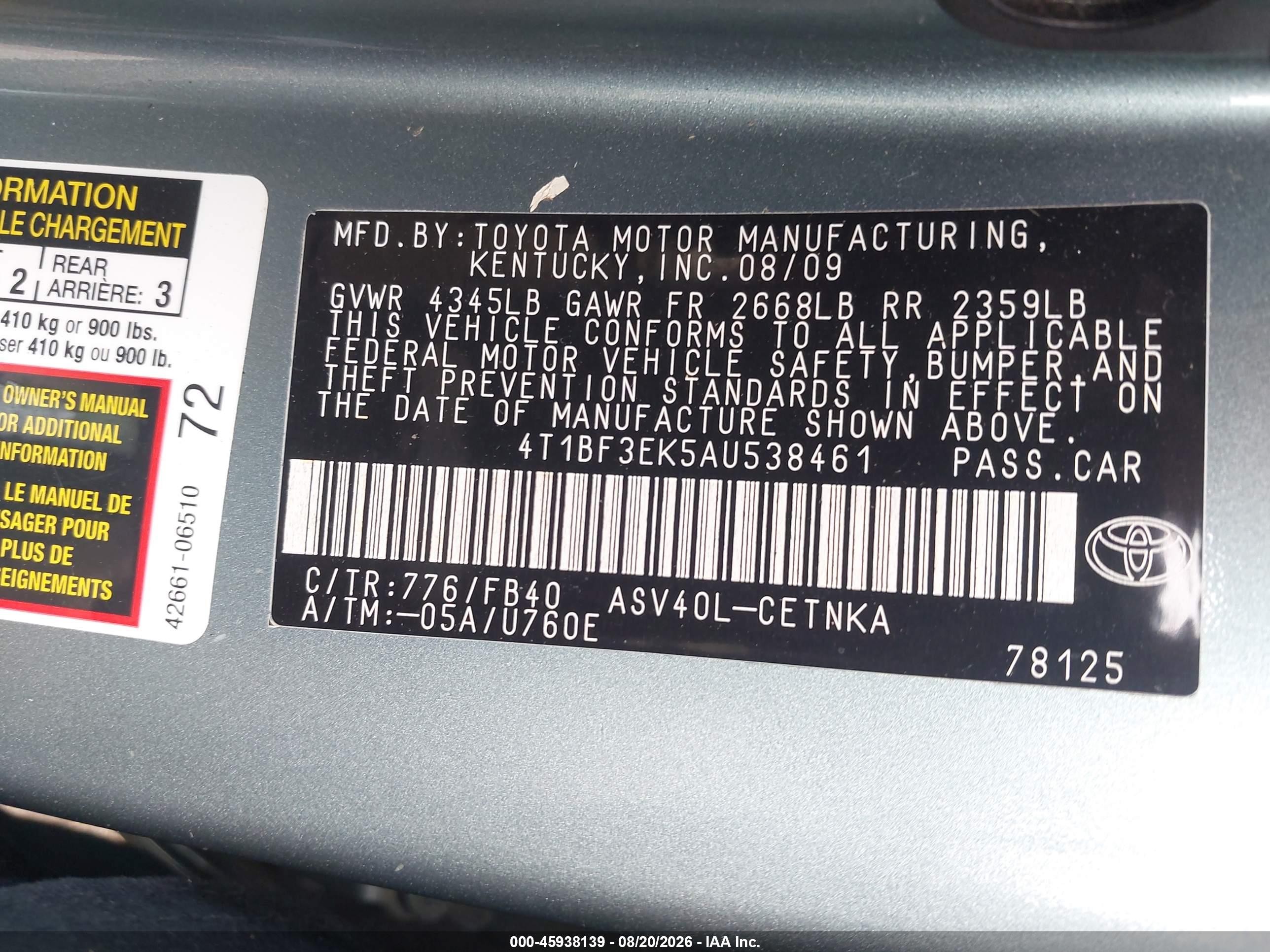 2010 Toyota Camry Le Green vin: 4T1BF3EK5AU538461
