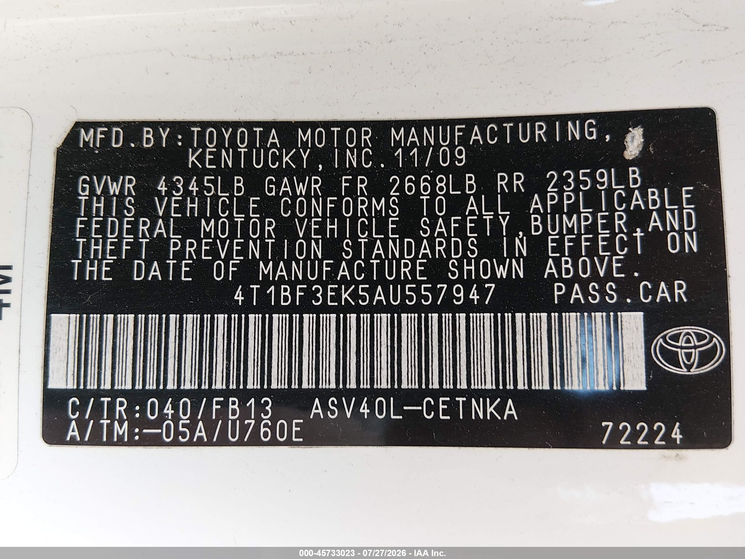 2010 Toyota Camry Le White vin: 4T1BF3EK5AU557947