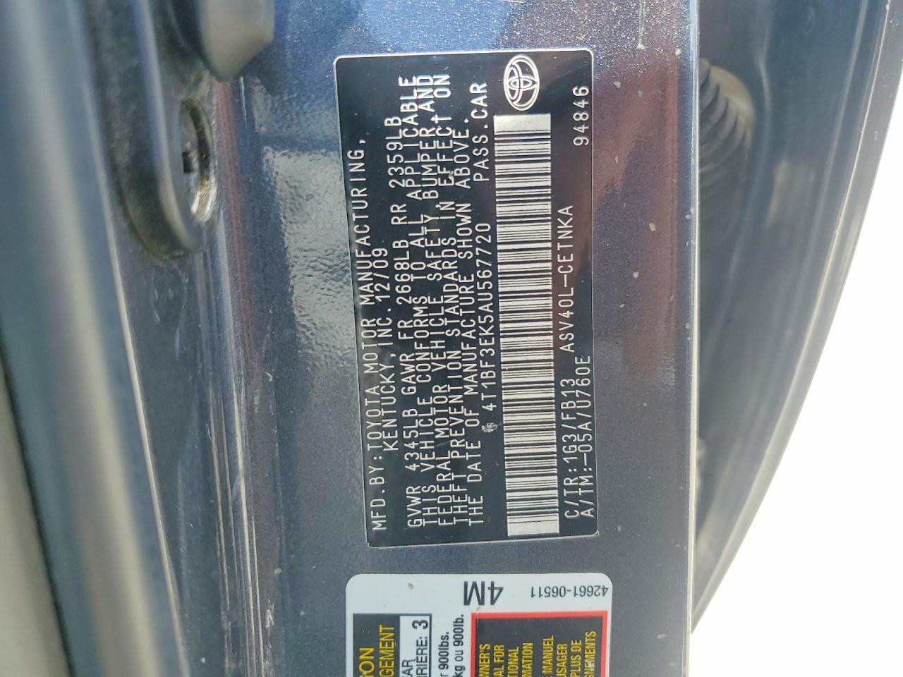2010 Toyota Camry Le Угольный vin: 4T1BF3EK5AU567720