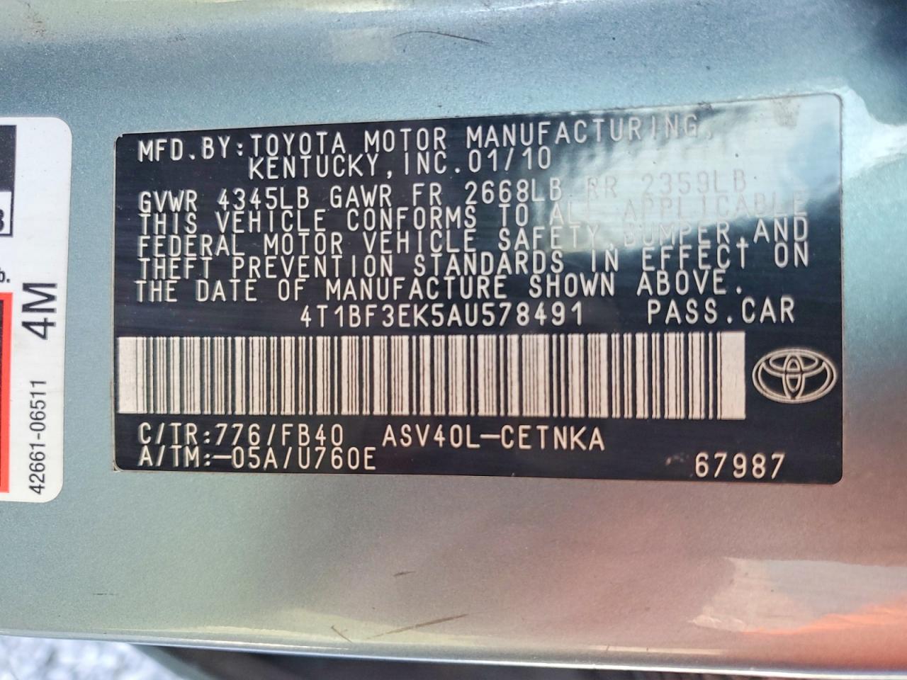 2010 Toyota Camry Le Green vin: 4T1BF3EK5AU578491