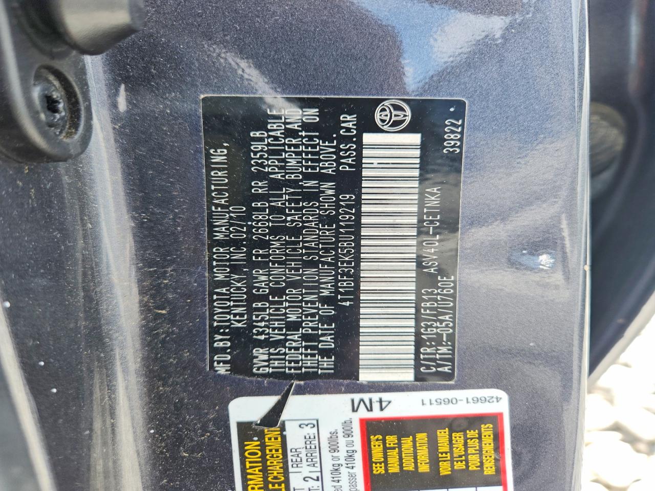 2011 Toyota Camry Le Charcoal vin: 4T1BF3EK5BU119219