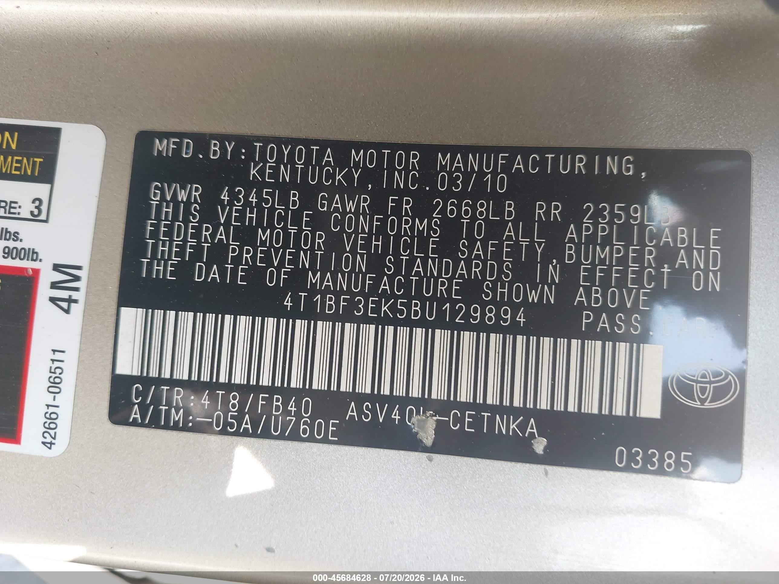 2011 Toyota Camry Le Gold vin: 4T1BF3EK5BU129894