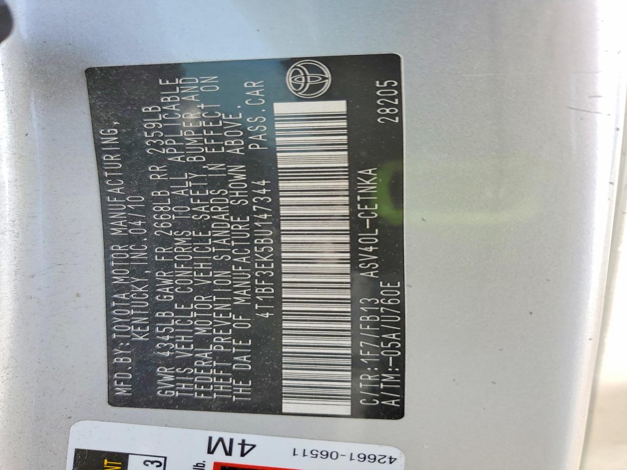 2011 Toyota Camry Le Silver vin: 4T1BF3EK5BU147344