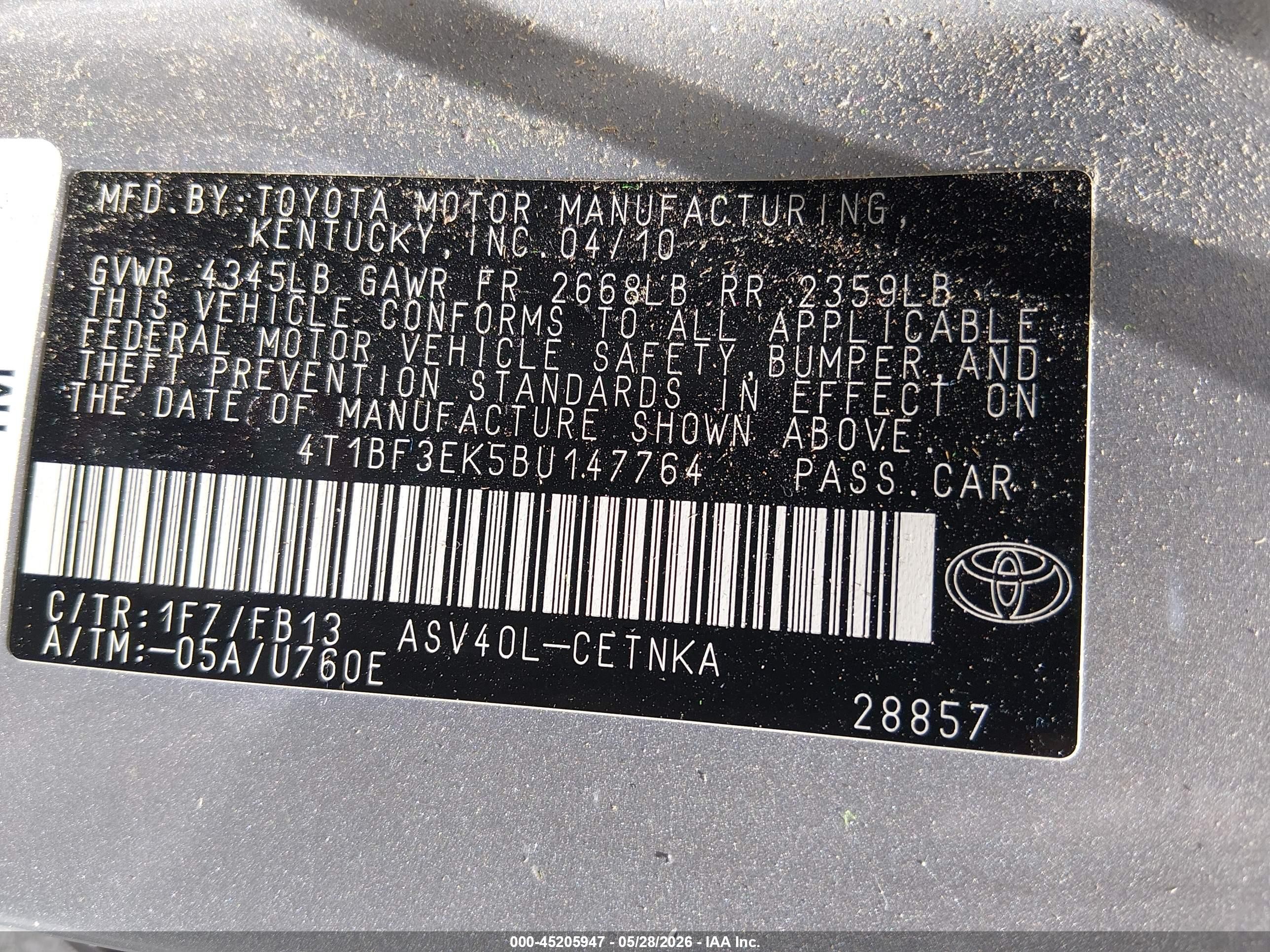 2011 Toyota Camry Le Silver vin: 4T1BF3EK5BU147764