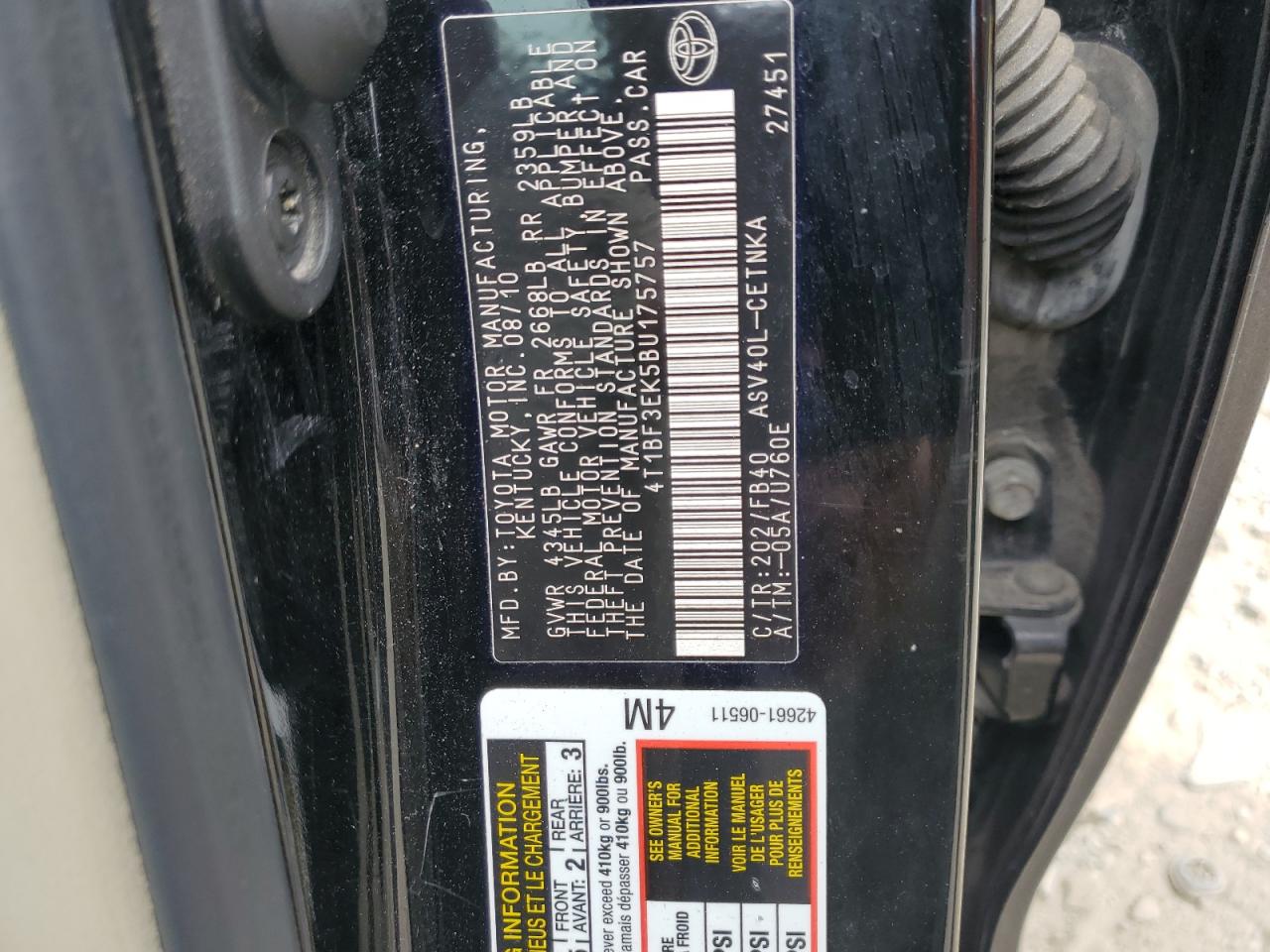 2011 Toyota Camry Base Black vin: 4T1BF3EK5BU175757
