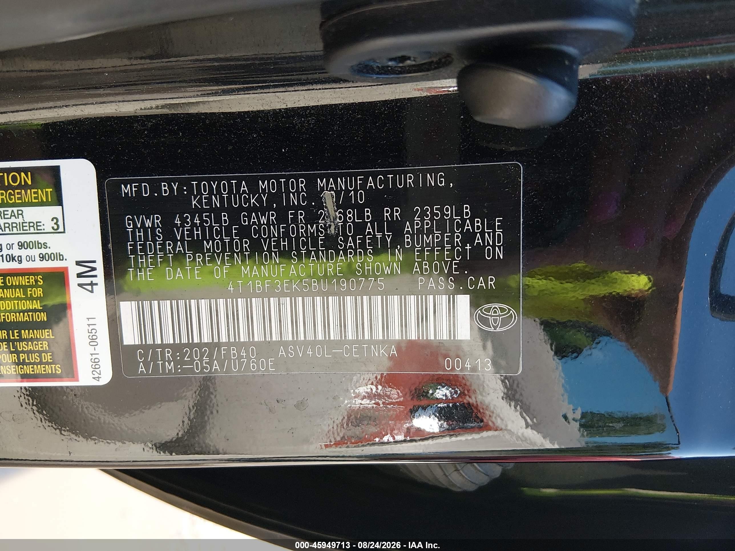 2011 Toyota Camry Le Black vin: 4T1BF3EK5BU190775