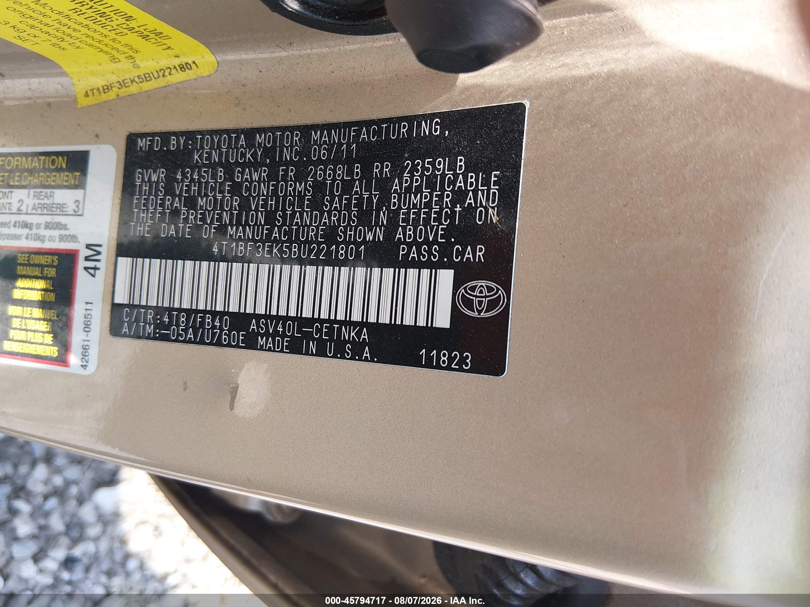 2011 Toyota Camry Le Gold vin: 4T1BF3EK5BU221801