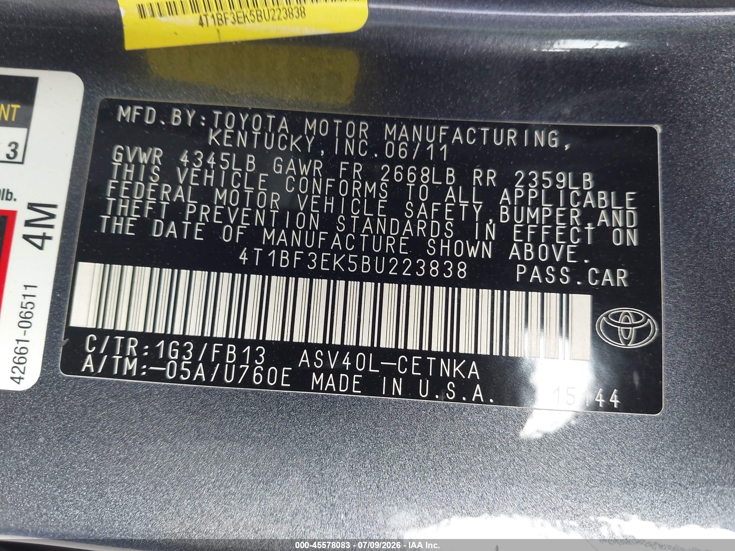 2011 Toyota Camry Le Gray vin: 4T1BF3EK5BU223838