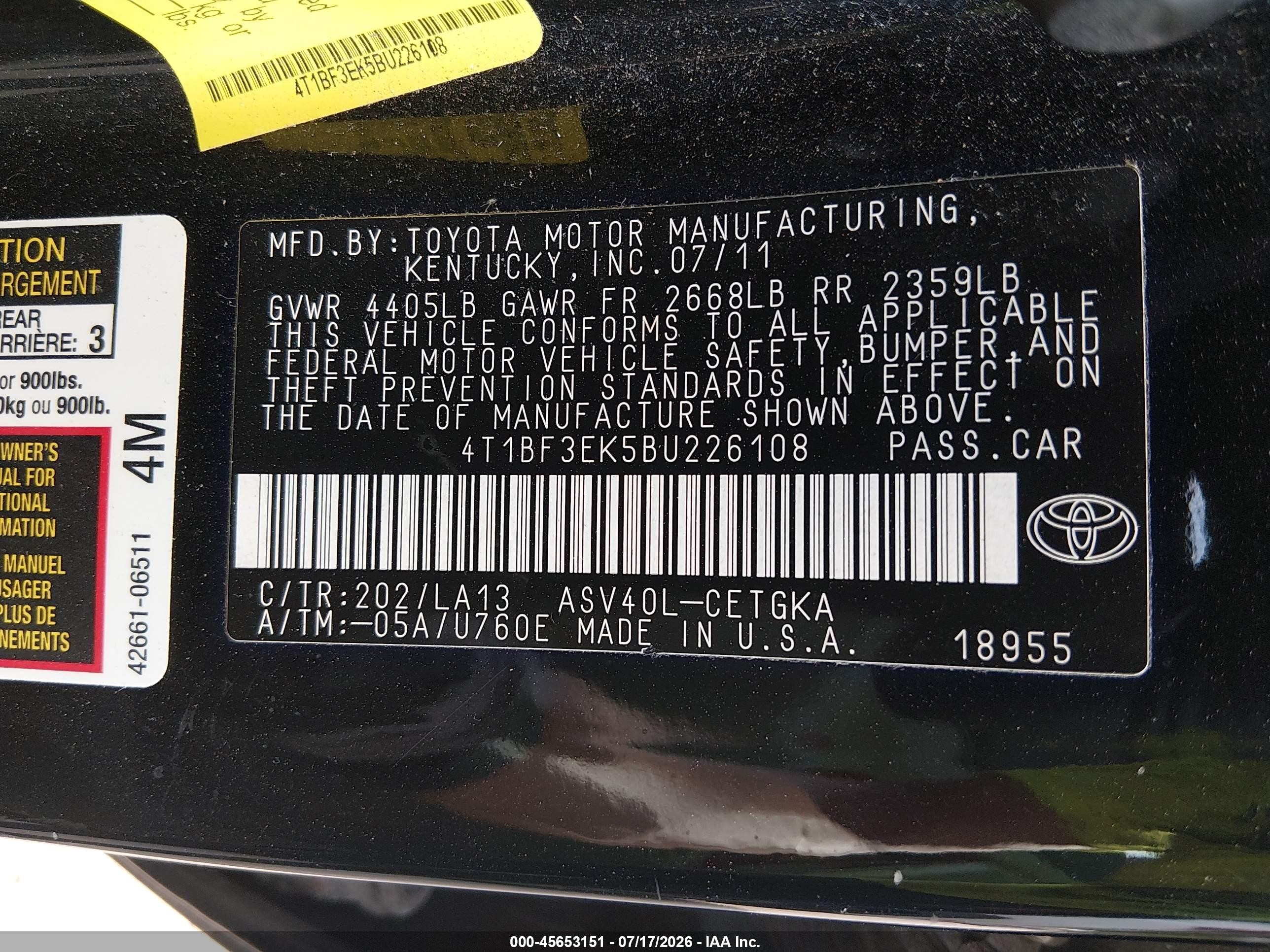 2011 Toyota Camry Xle Black vin: 4T1BF3EK5BU226108