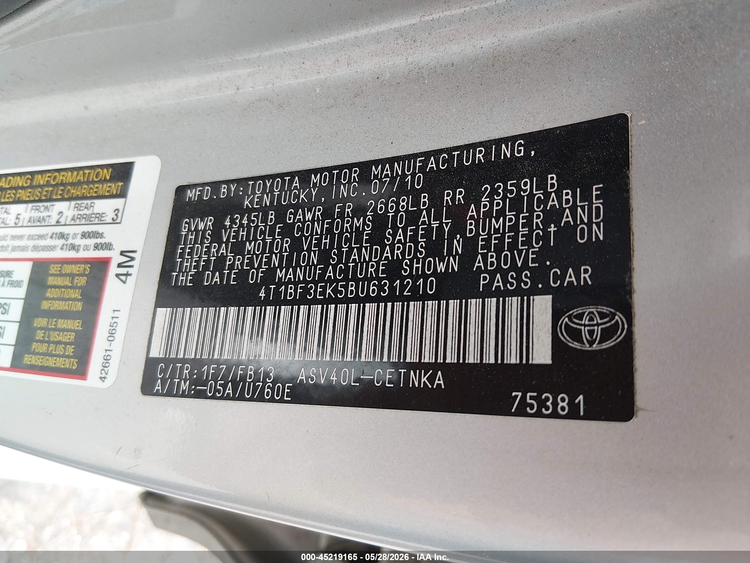 2011 Toyota Camry Le Silver vin: 4T1BF3EK5BU631210