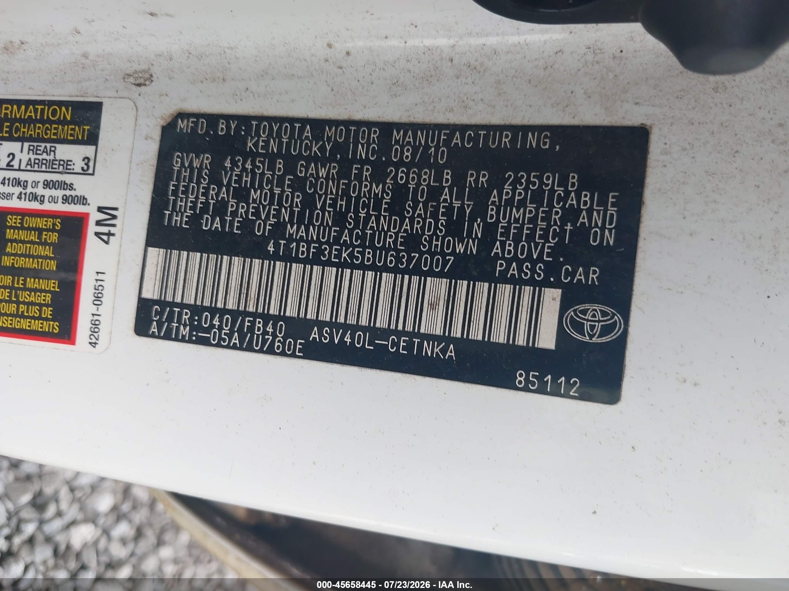 2011 Toyota Camry Le White vin: 4T1BF3EK5BU637007