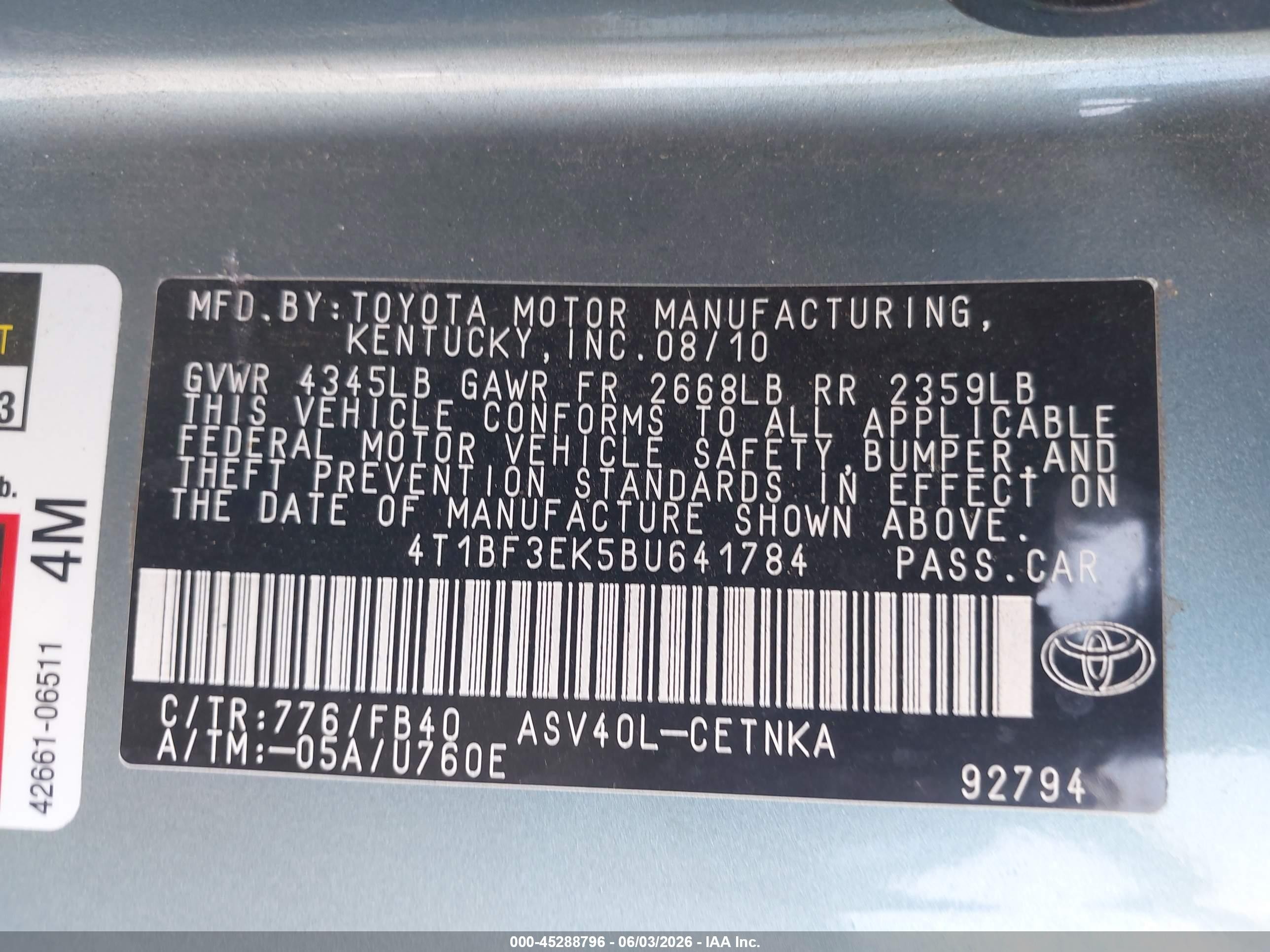 2011 Toyota Camry Le Turquoise vin: 4T1BF3EK5BU641784
