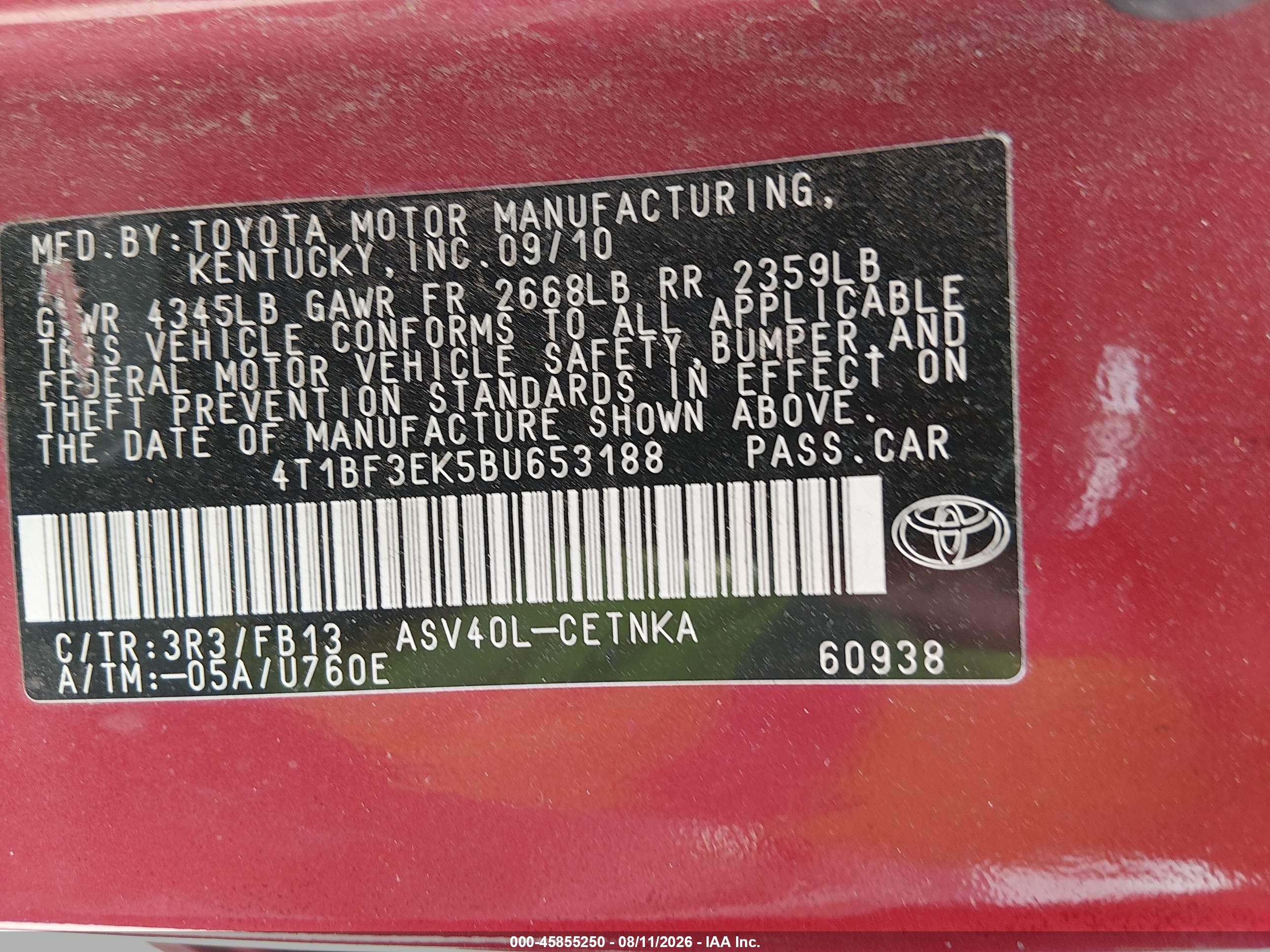 2011 Toyota Camry Le Красный vin: 4T1BF3EK5BU653188