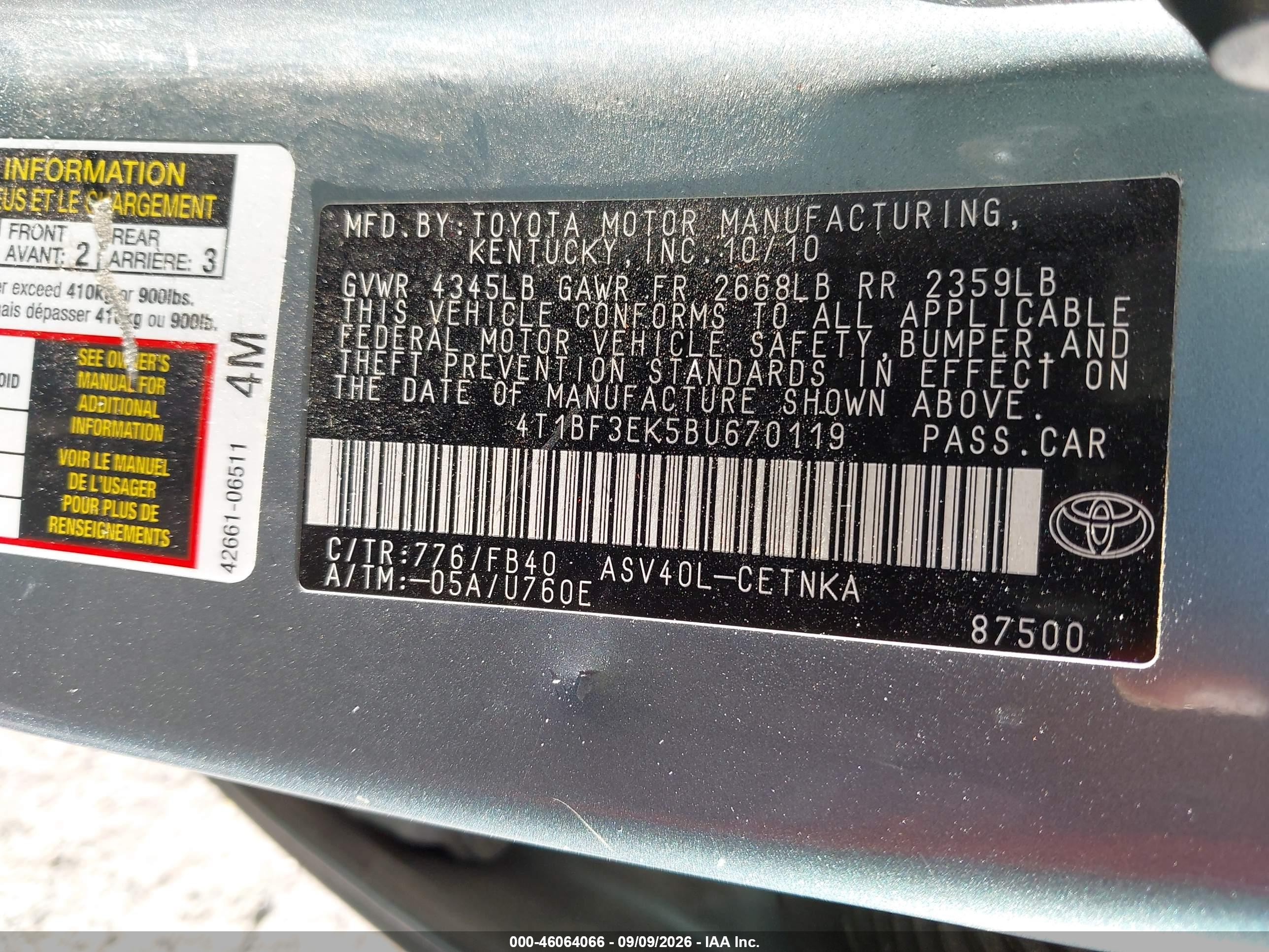2011 Toyota Camry Le Teal vin: 4T1BF3EK5BU670119