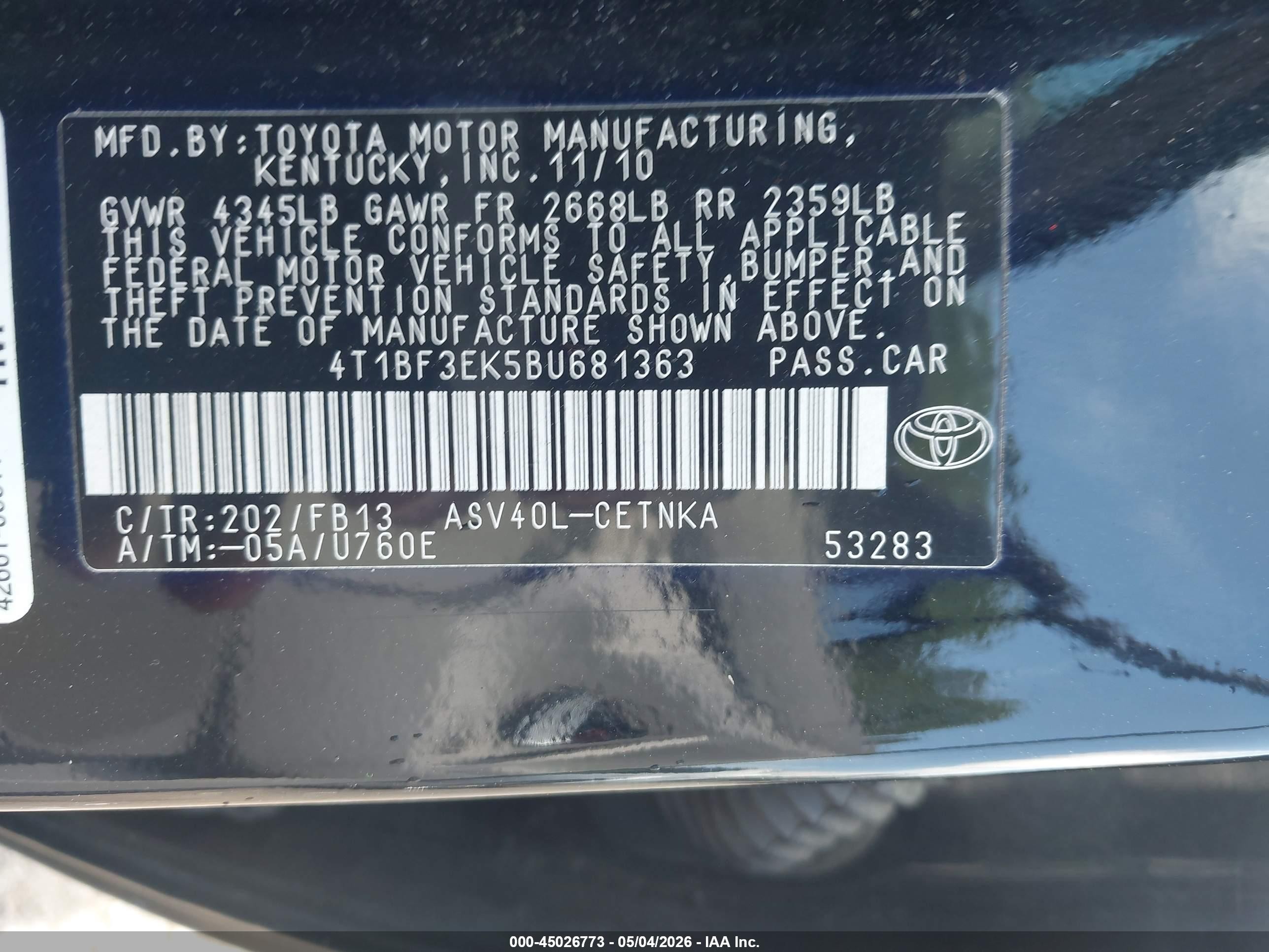 2011 Toyota Camry   Black vin: 4T1BF3EK5BU681363