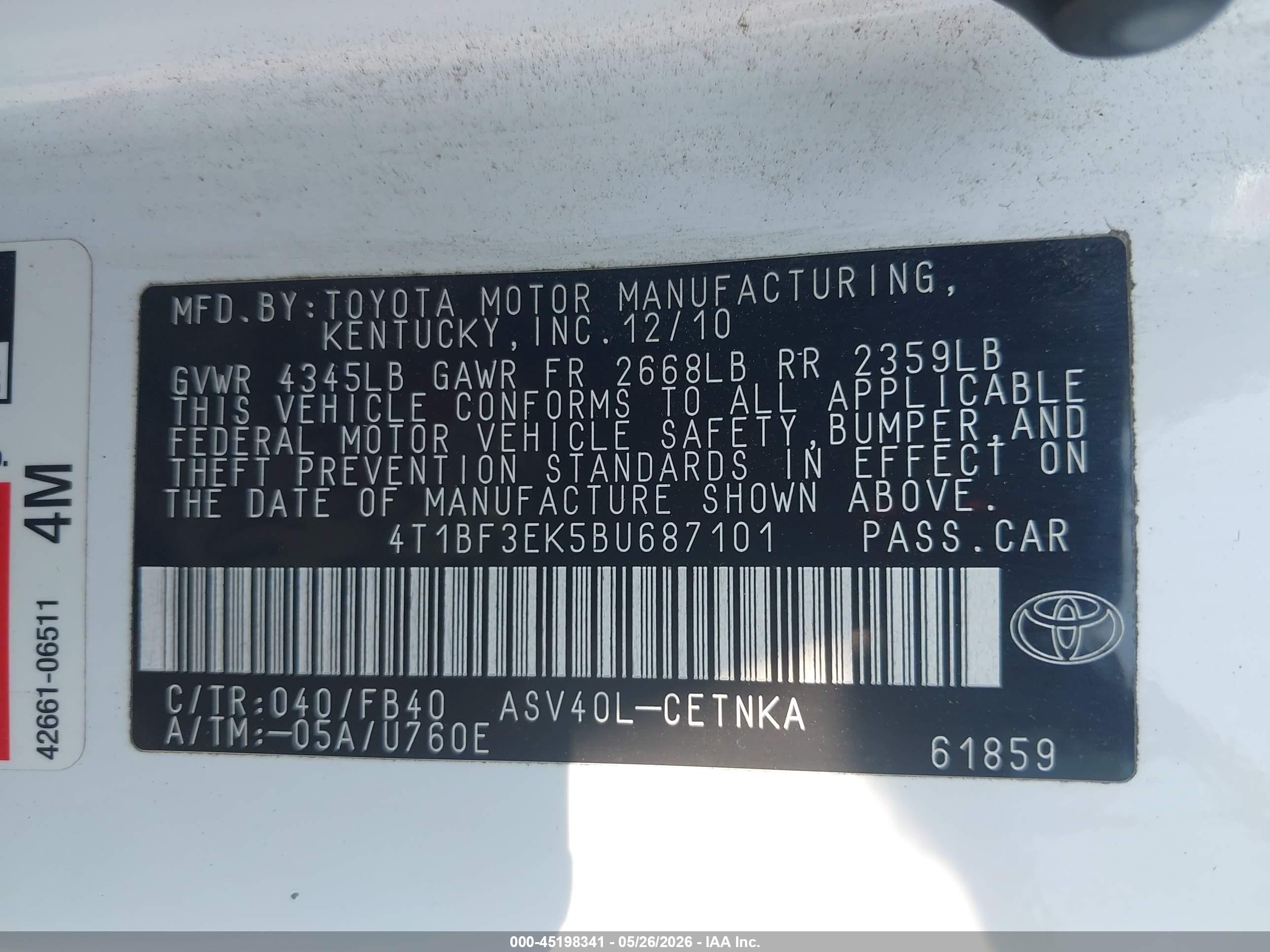 2011 Toyota Camry Le White vin: 4T1BF3EK5BU687101
