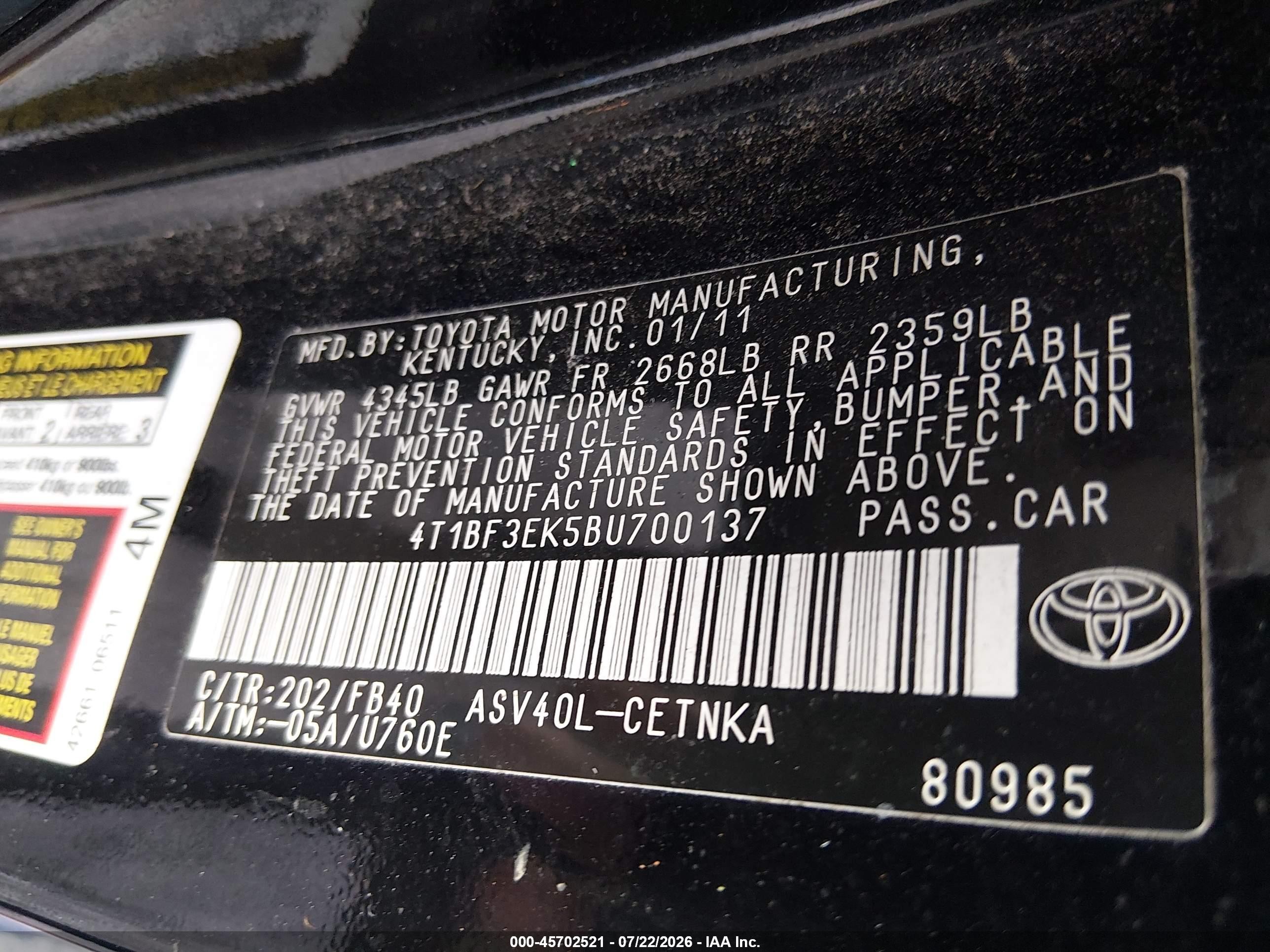 2011 Toyota Camry   Черный vin: 4T1BF3EK5BU700137