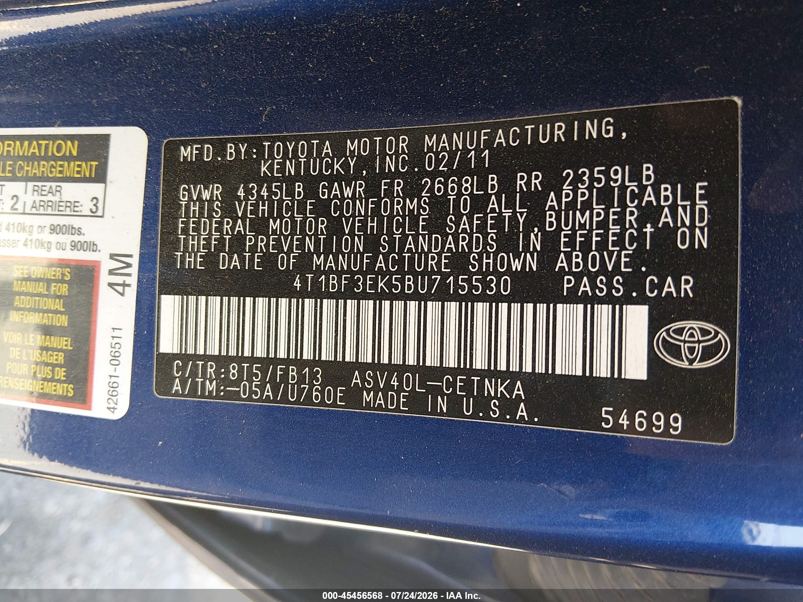 2011 Toyota Camry Le Blue vin: 4T1BF3EK5BU715530