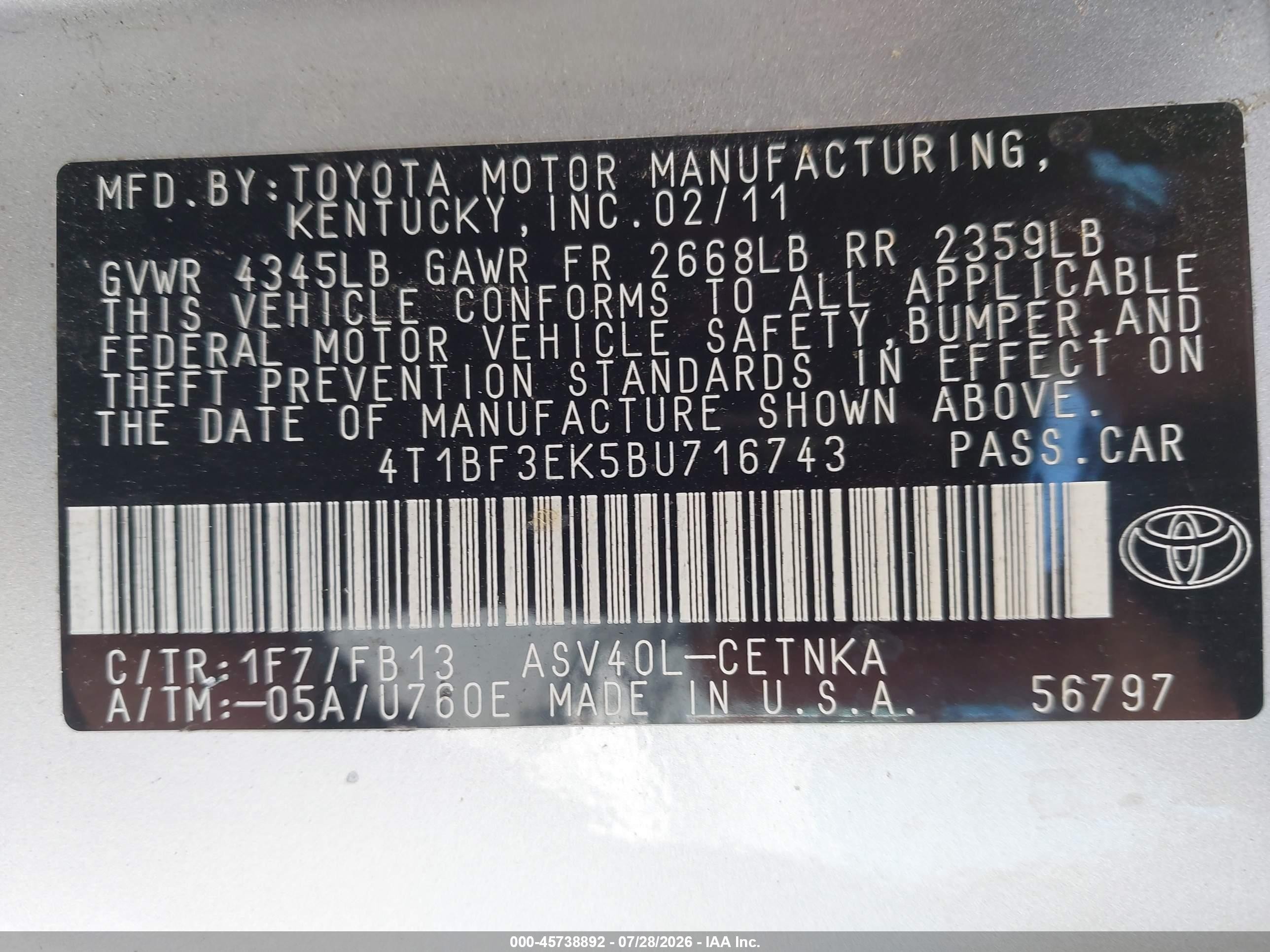 2011 Toyota Camry Le Silver vin: 4T1BF3EK5BU716743