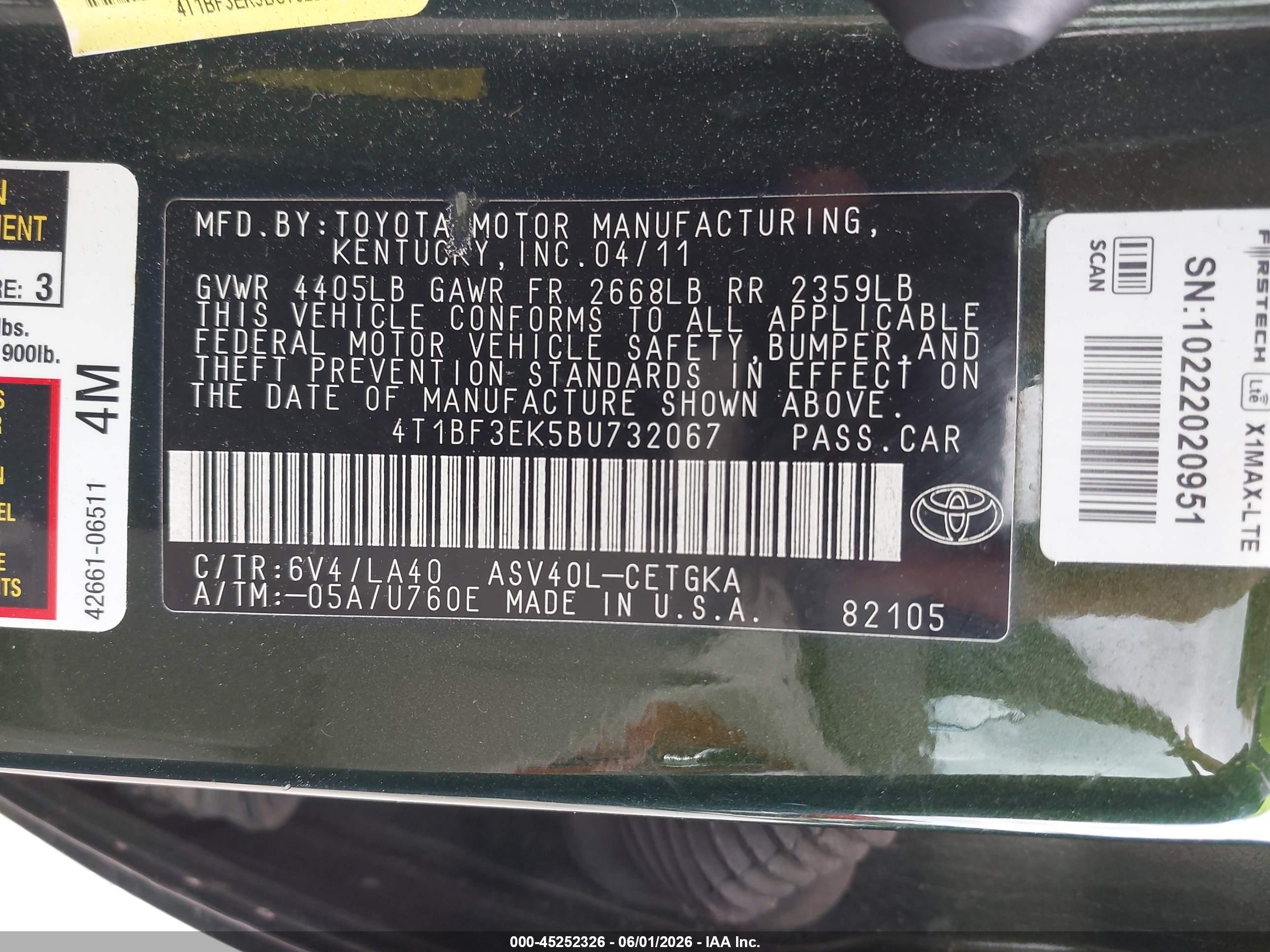 2011 Toyota Camry Xle Green vin: 4T1BF3EK5BU732067