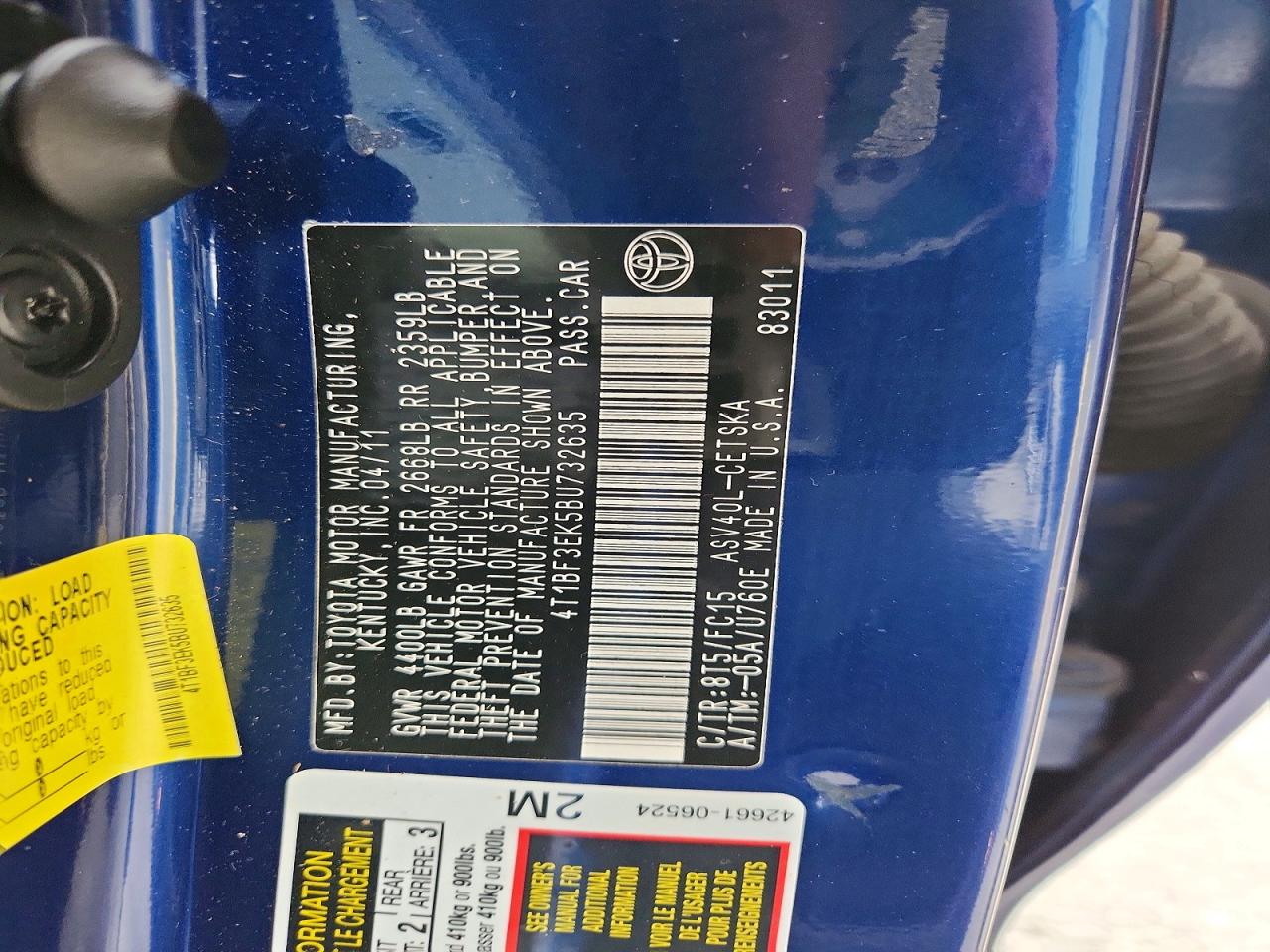 2011 Toyota Camry Base Blue vin: 4T1BF3EK5BU732635