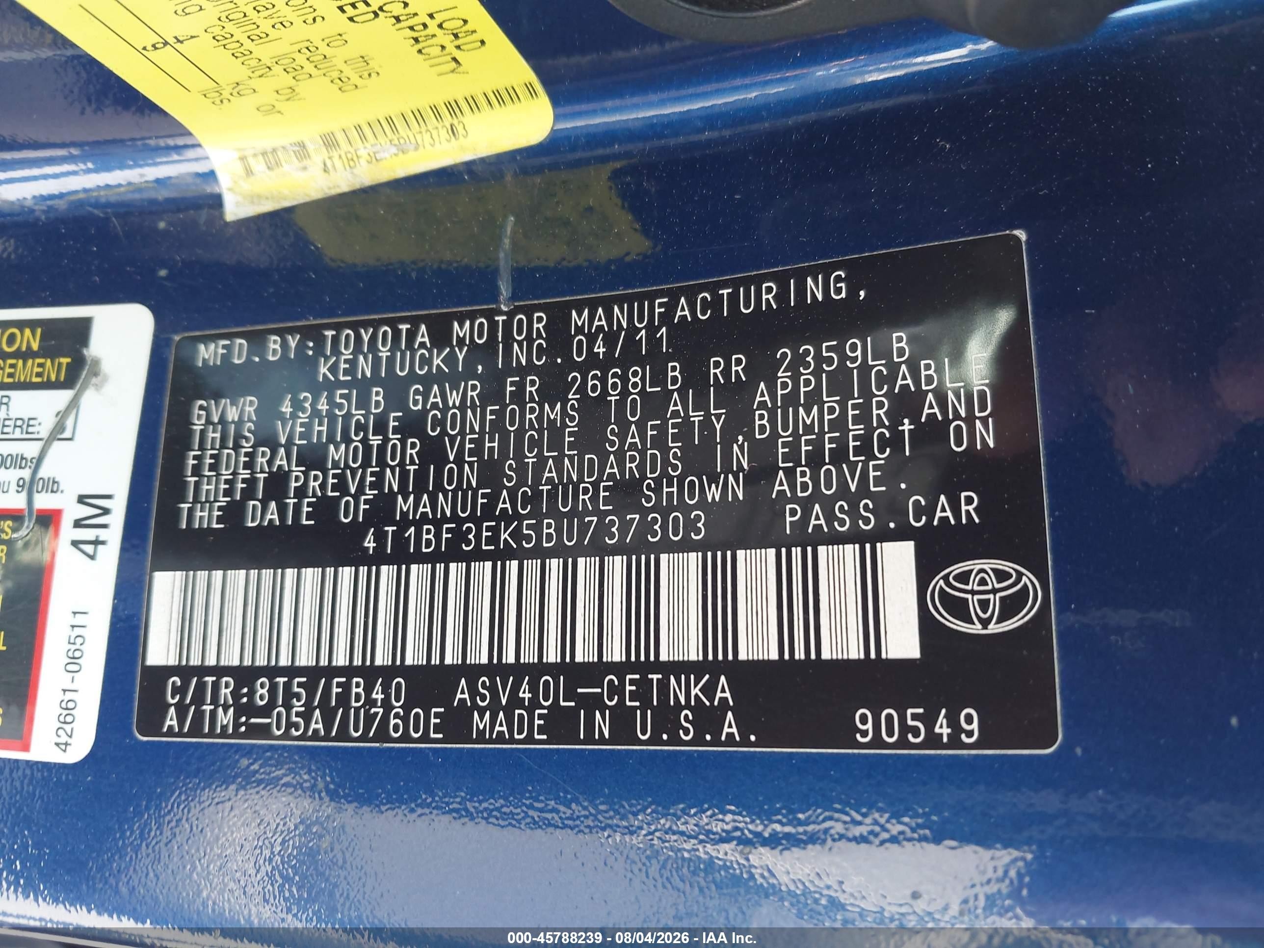 2011 Toyota Camry Le Синий vin: 4T1BF3EK5BU737303