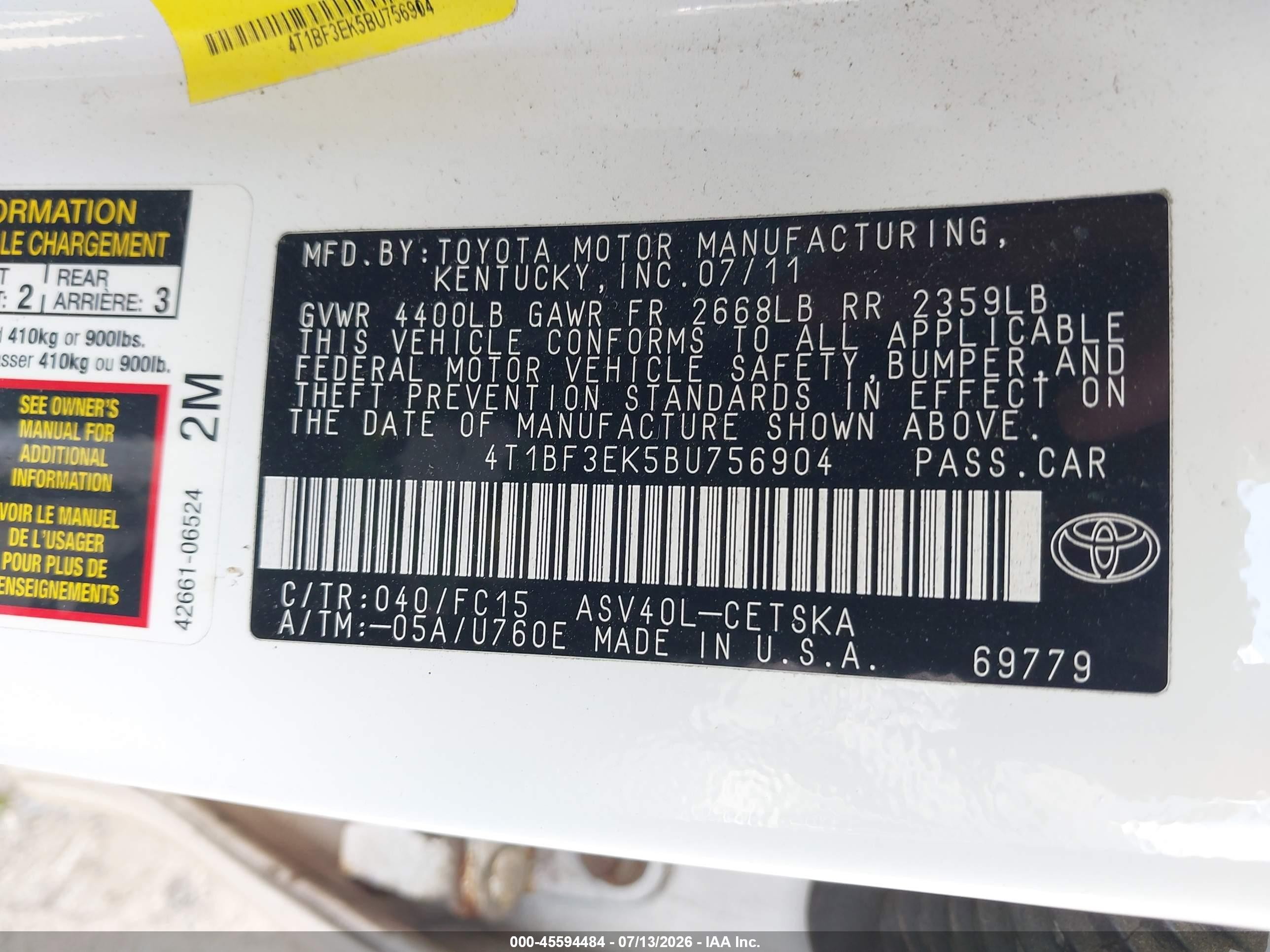 2011 Toyota Camry Se White vin: 4T1BF3EK5BU756904