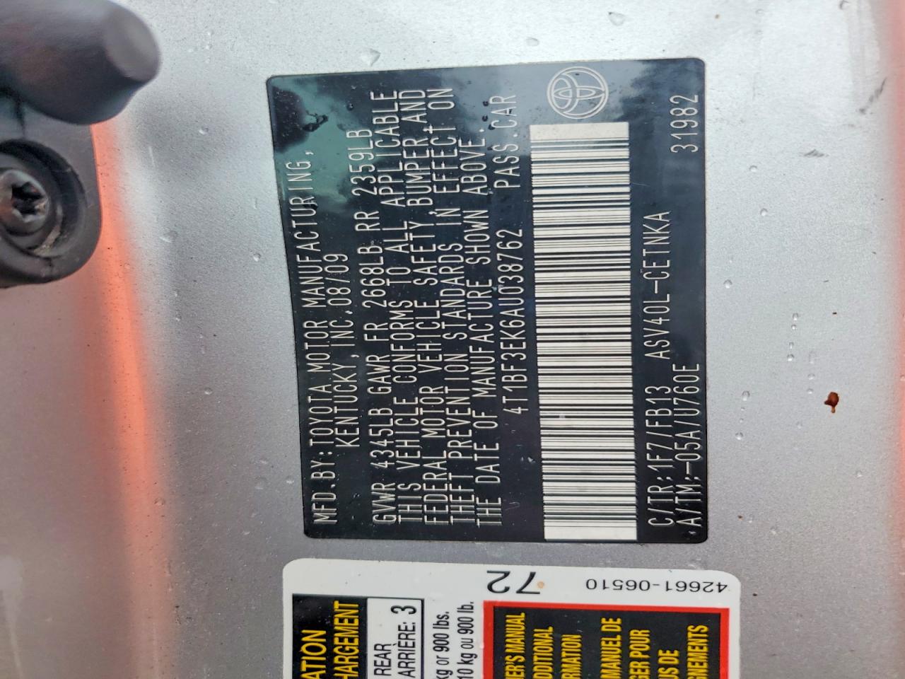 2010 Toyota Camry Base Gray vin: 4T1BF3EK6AU038762