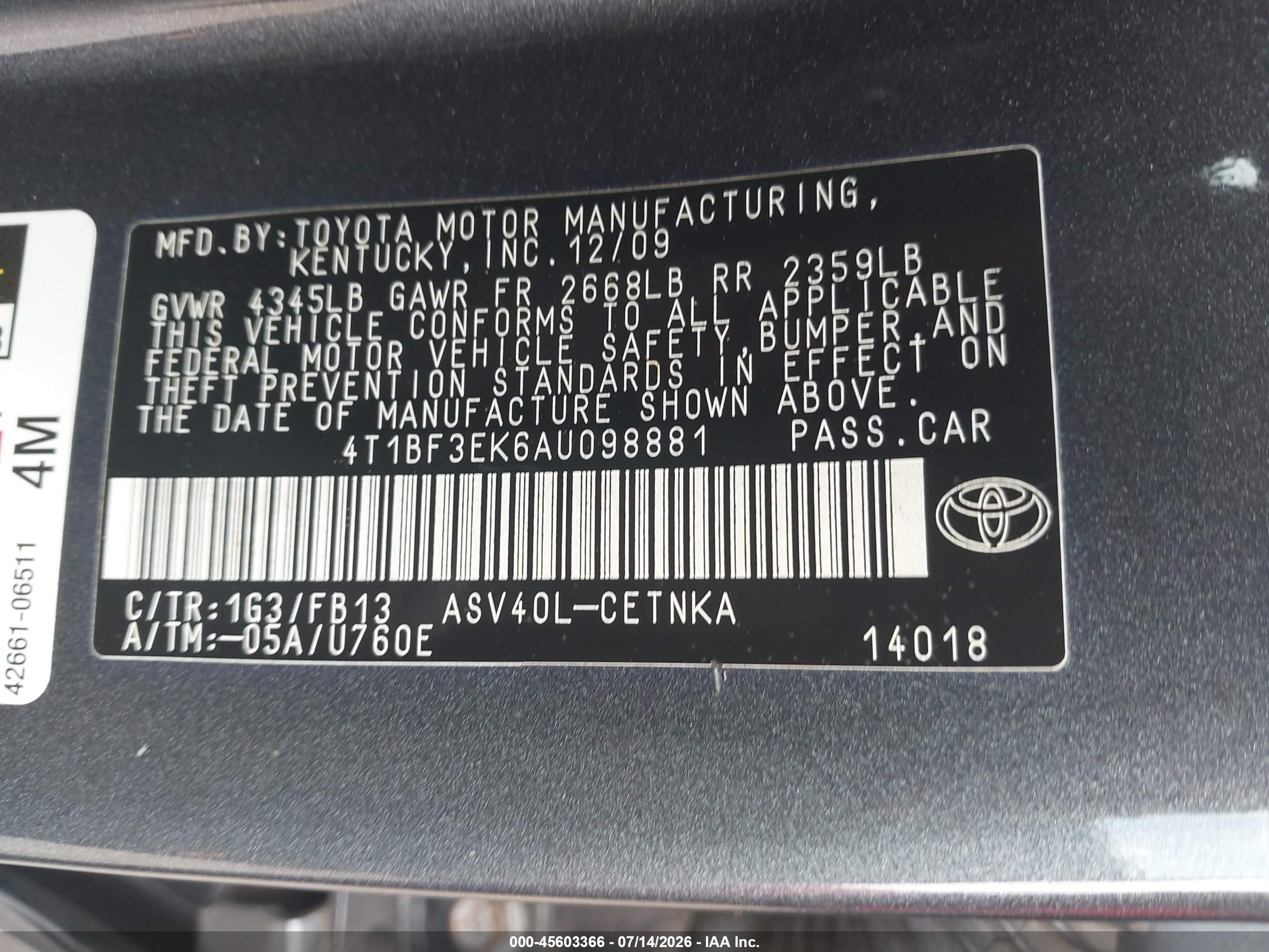 2010 Toyota Camry Le Gray vin: 4T1BF3EK6AU098881