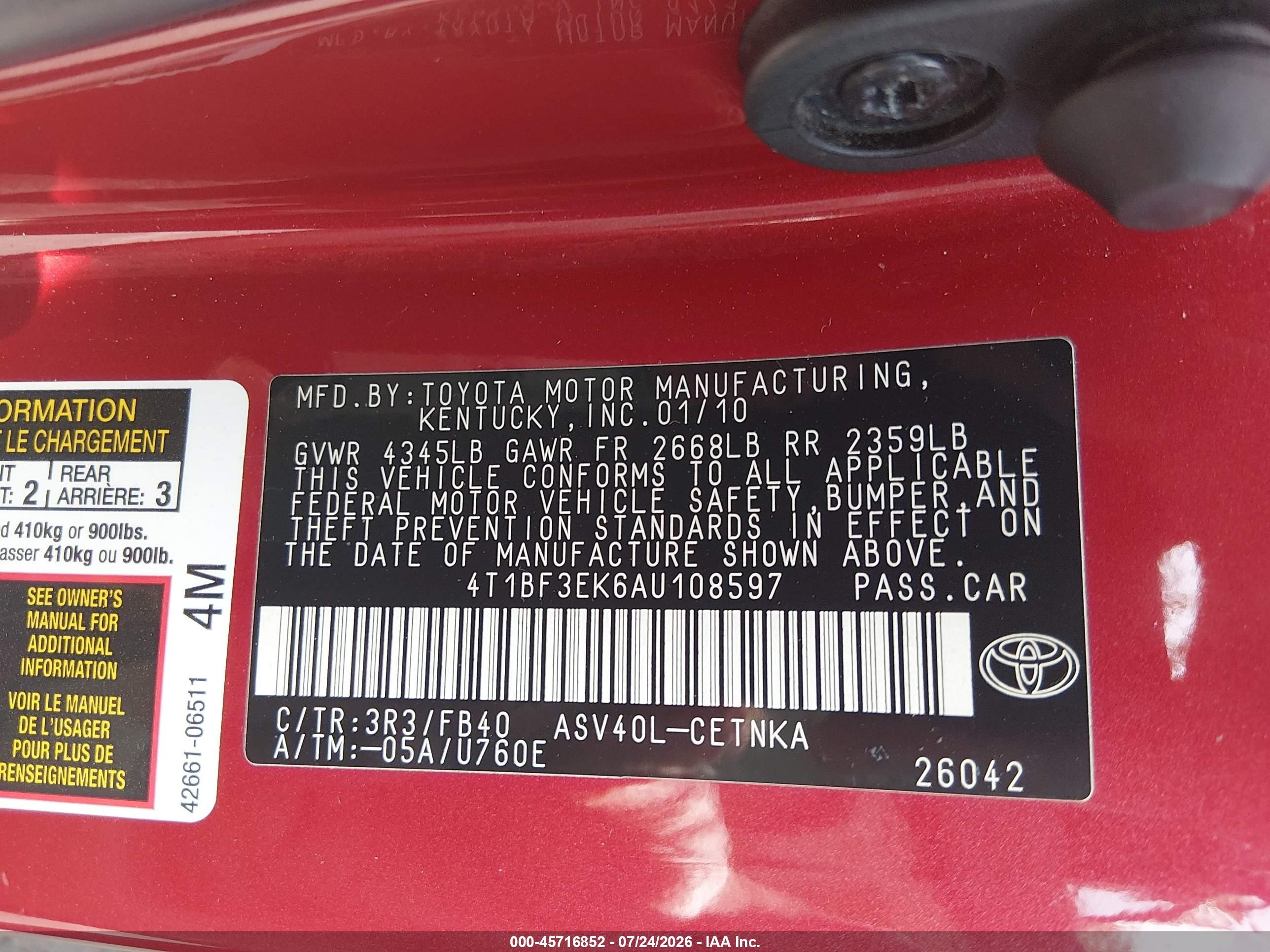 2010 Toyota Camry Le Red vin: 4T1BF3EK6AU108597