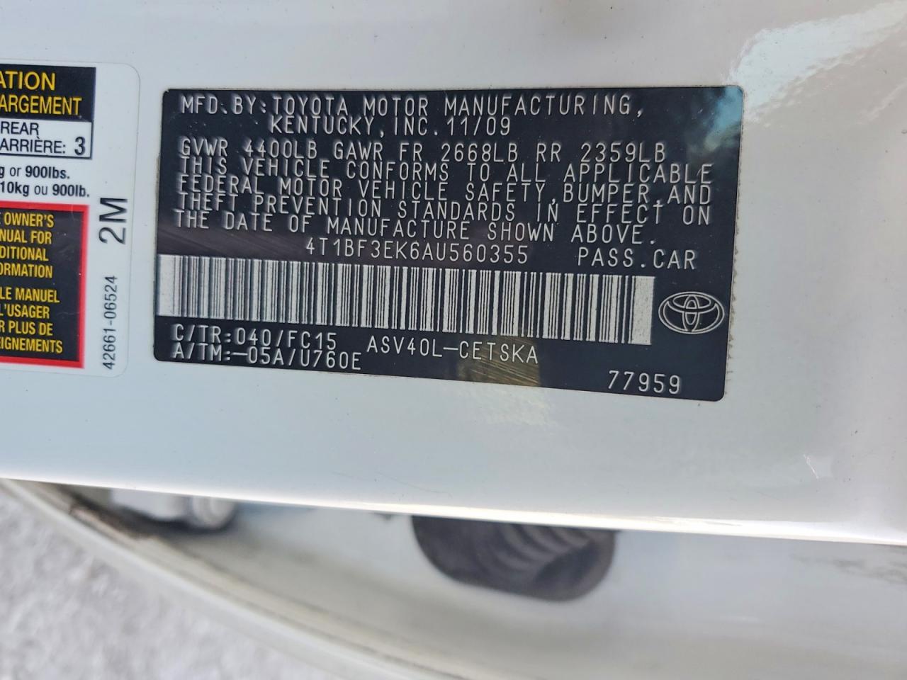 2010 Toyota Camry Se White vin: 4T1BF3EK6AU560355