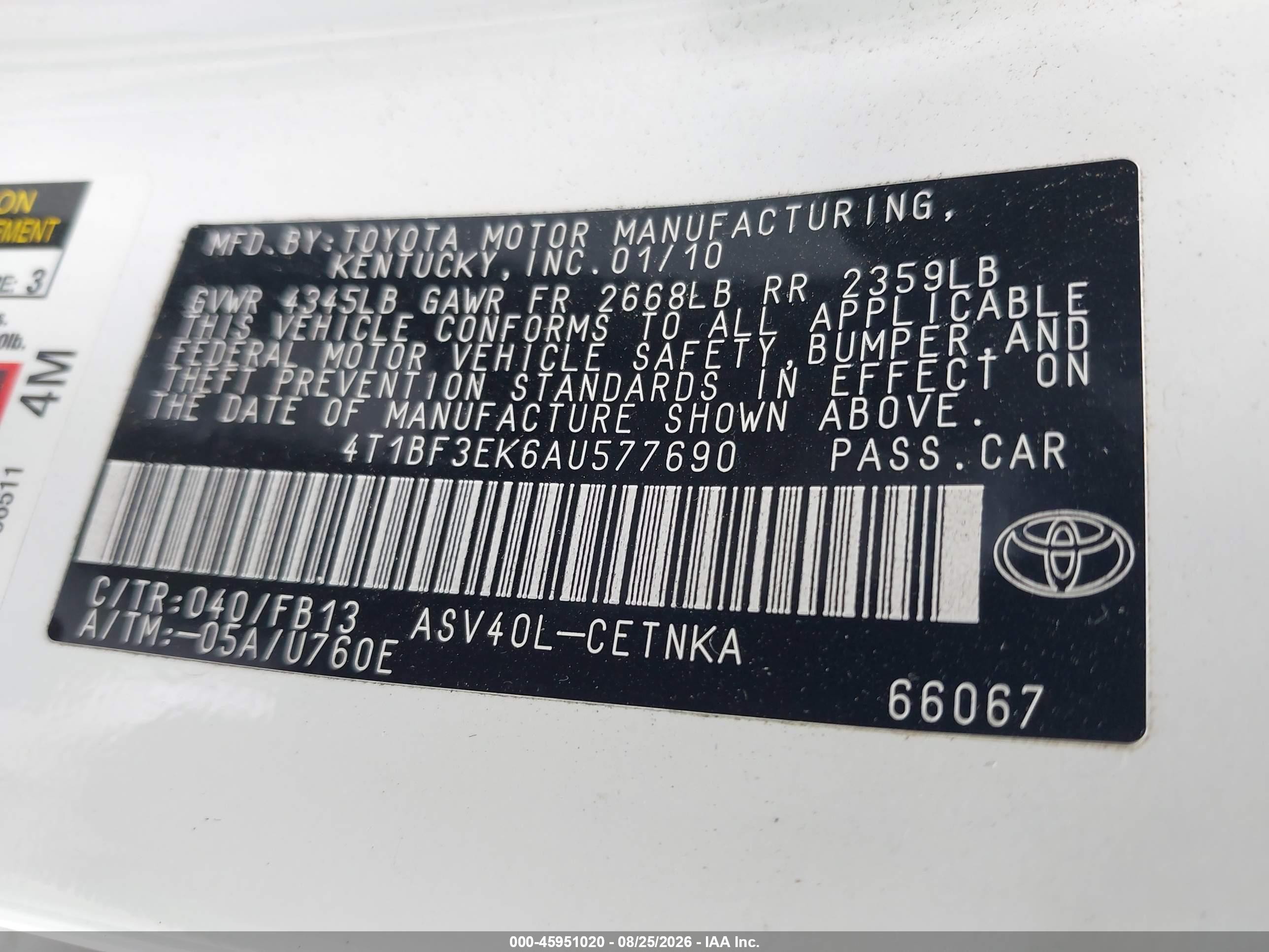 2010 Toyota Camry Le Белый vin: 4T1BF3EK6AU577690