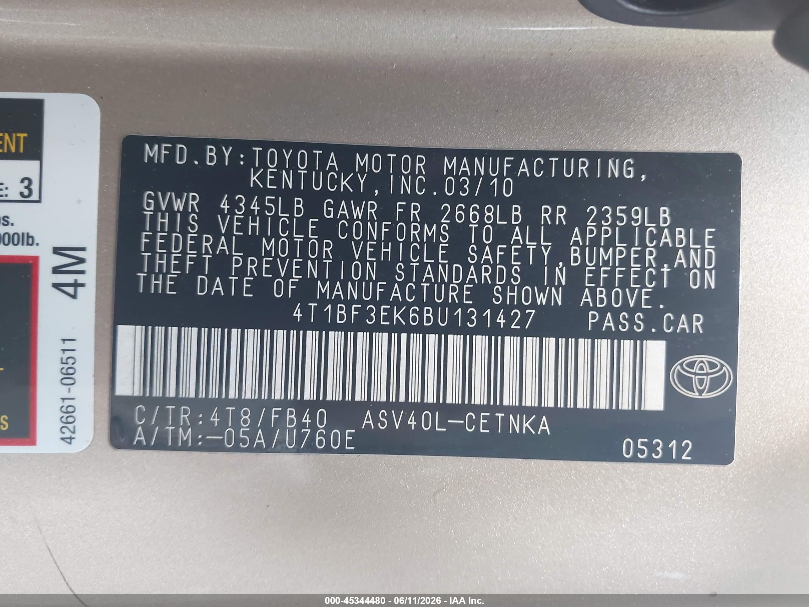 2011 Toyota Camry Le Gold vin: 4T1BF3EK6BU131427