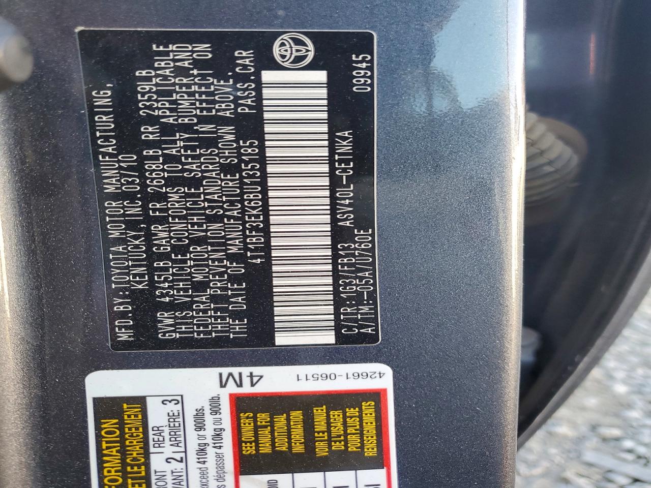 2011 Toyota Camry Le Charcoal vin: 4T1BF3EK6BU135185