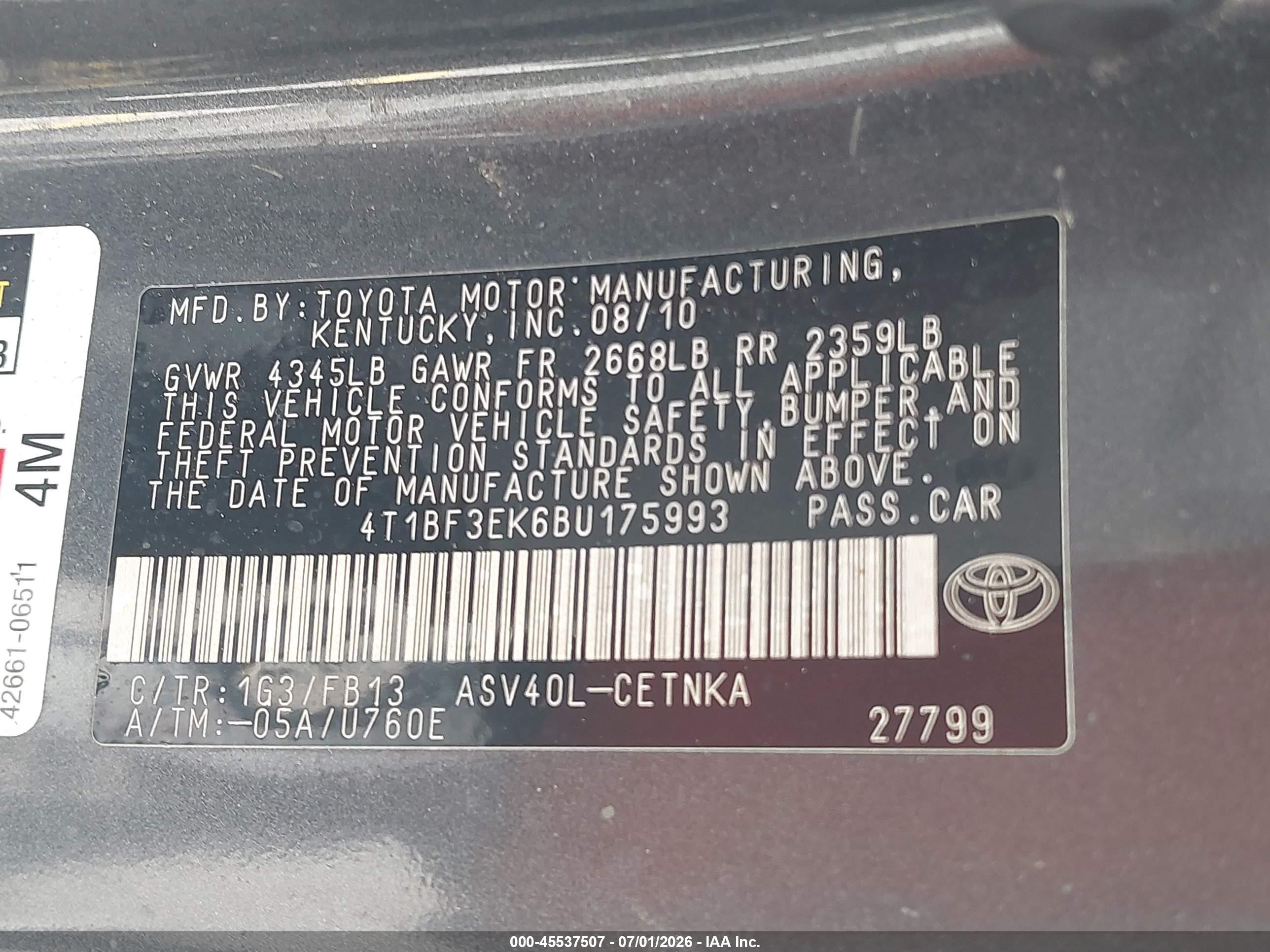 2011 Toyota Camry Le Gray vin: 4T1BF3EK6BU175993
