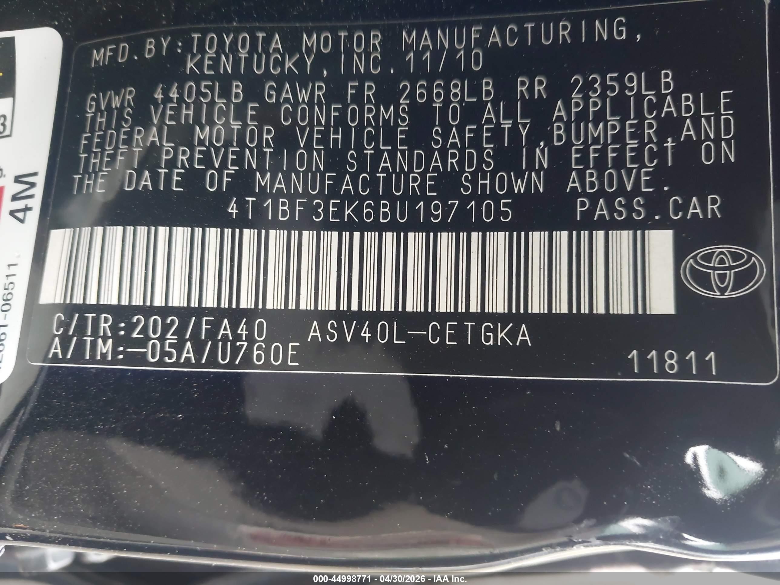 2011 Toyota Camry Xle Черный vin: 4T1BF3EK6BU197105