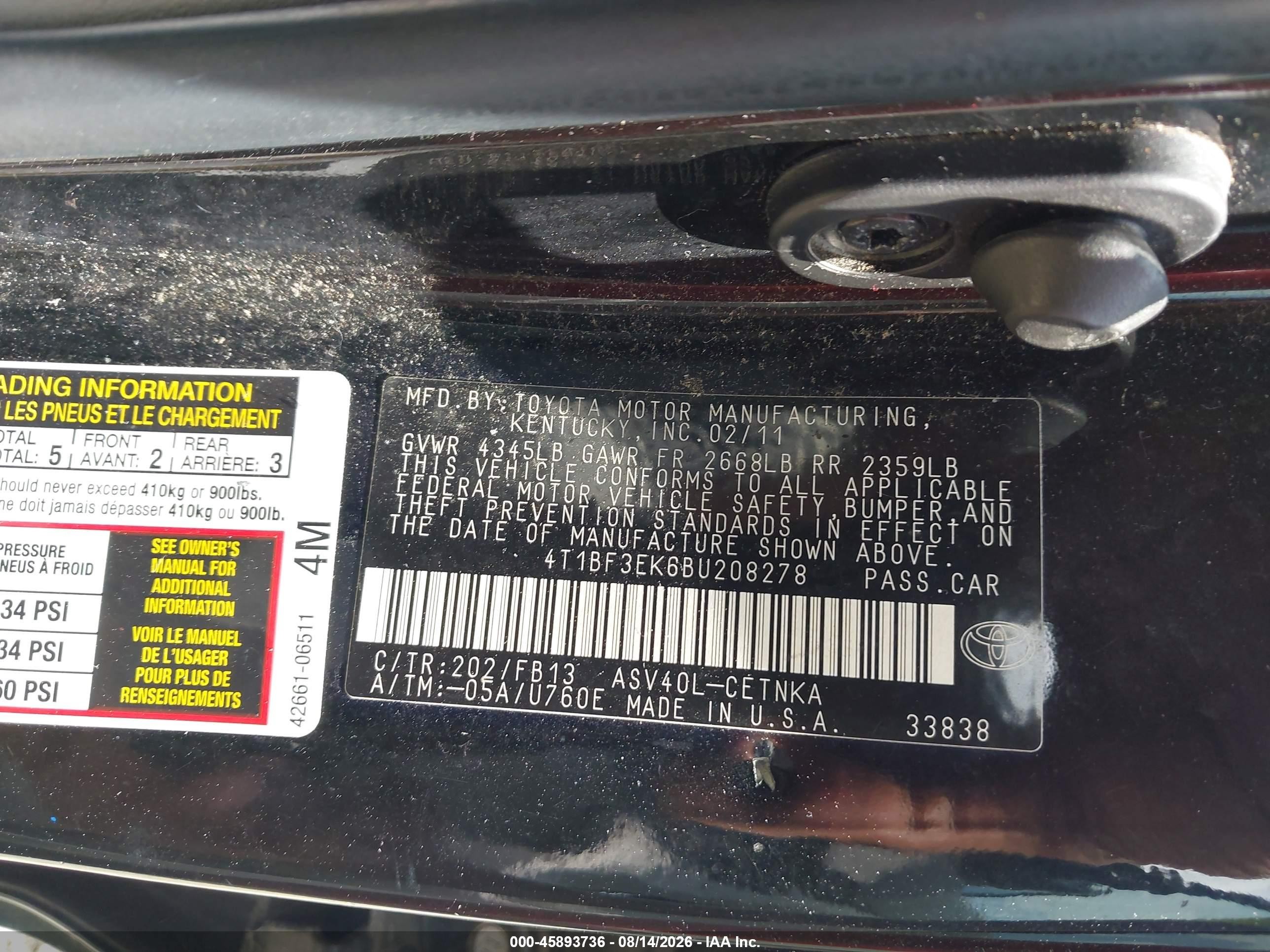 2011 Toyota Camry Le Black vin: 4T1BF3EK6BU208278