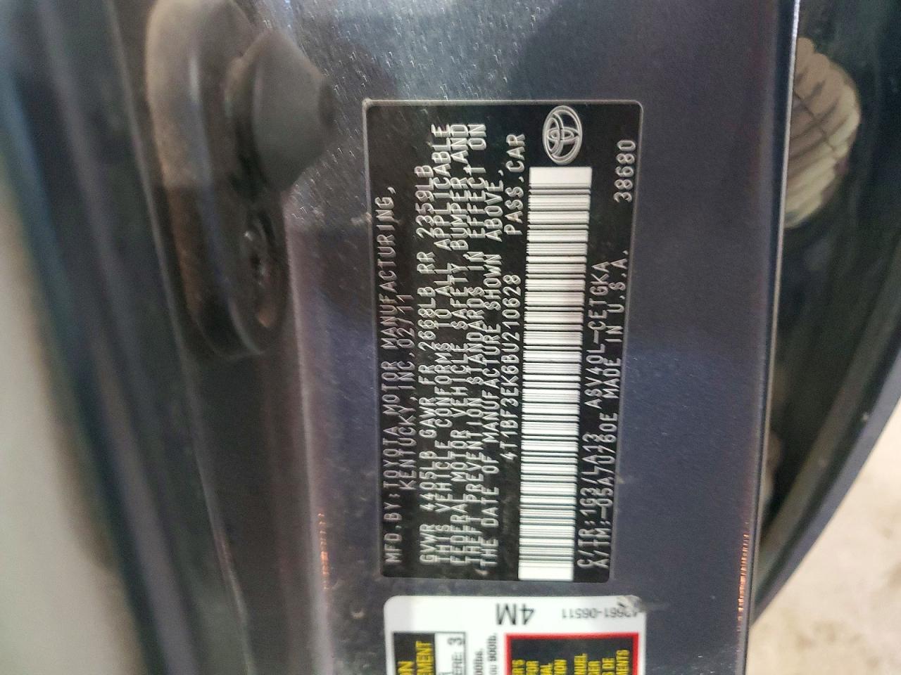 2011 Toyota Camry Xle Gray vin: 4T1BF3EK6BU210628