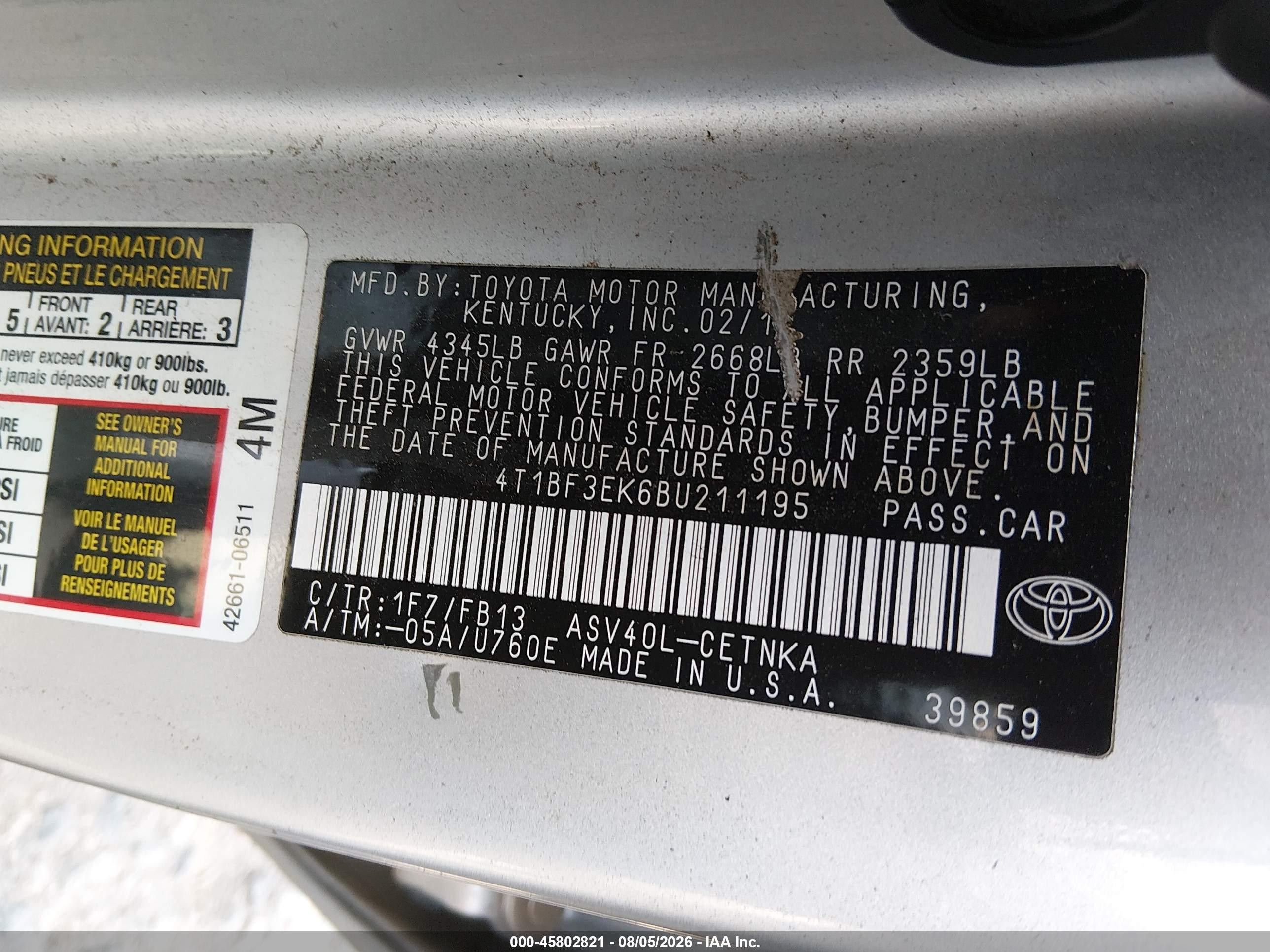 2011 Toyota Camry Le Gray vin: 4T1BF3EK6BU211195