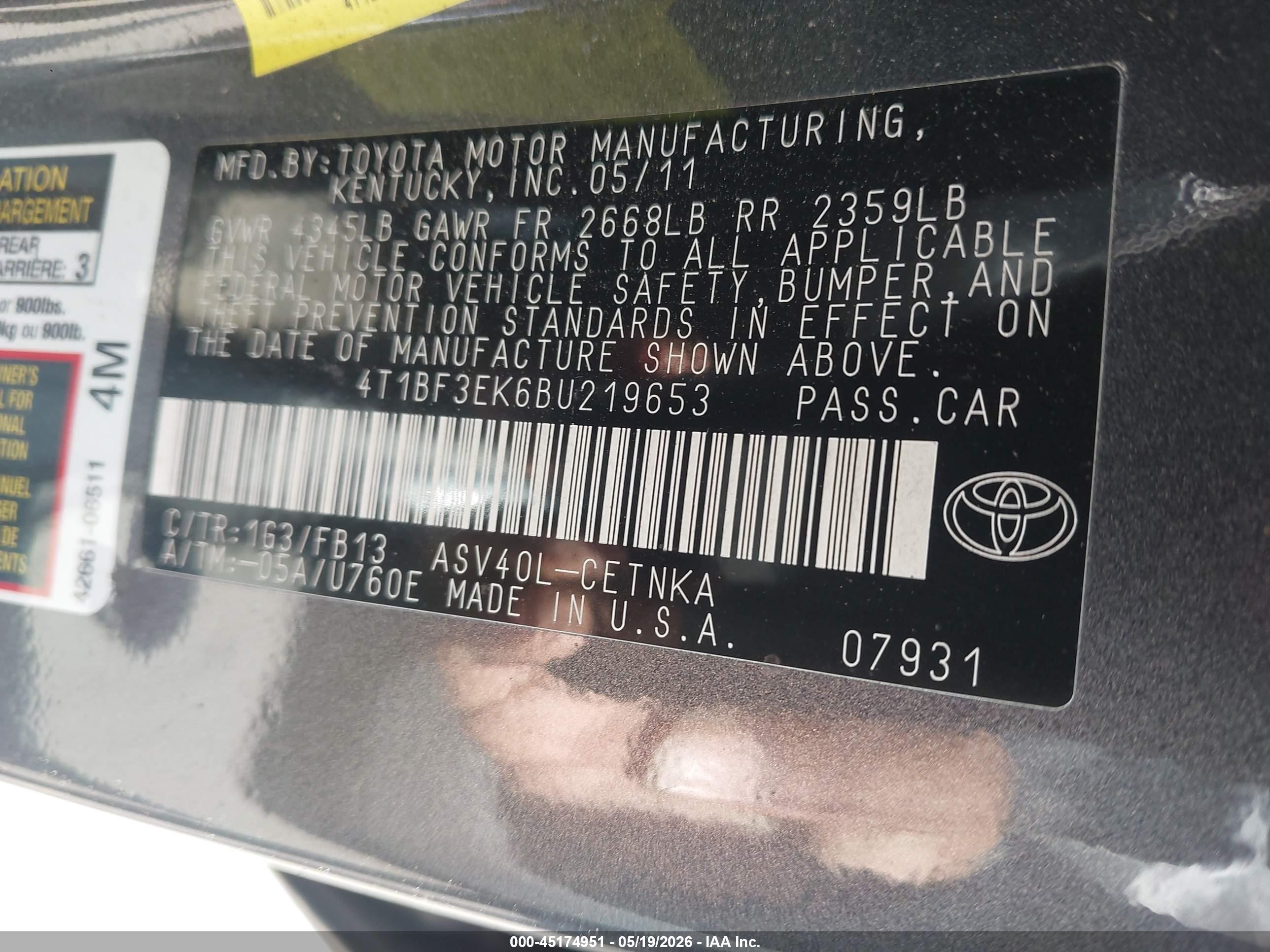 2011 Toyota Camry Le Gray vin: 4T1BF3EK6BU219653