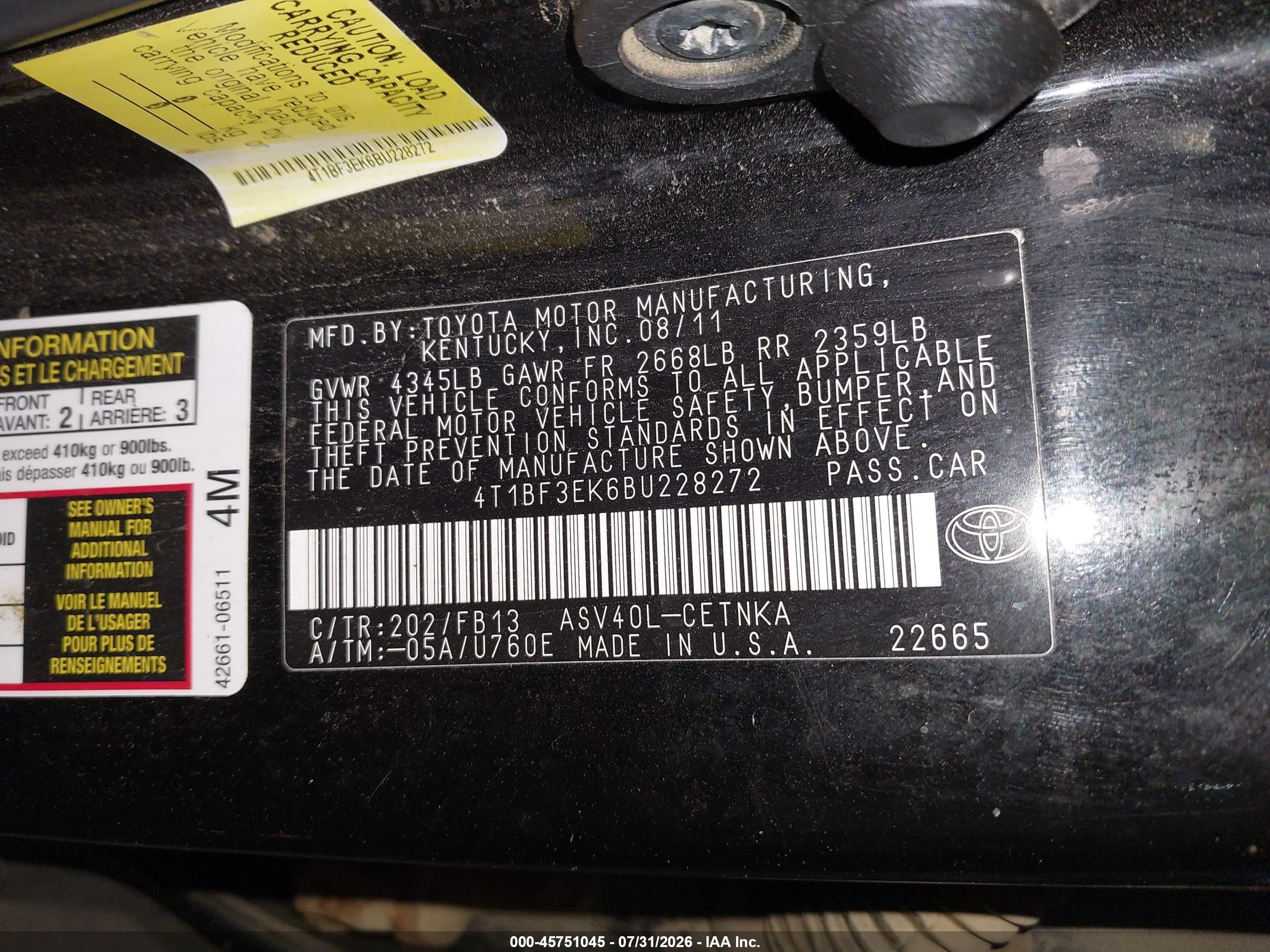 2011 Toyota Camry Le Black vin: 4T1BF3EK6BU228272