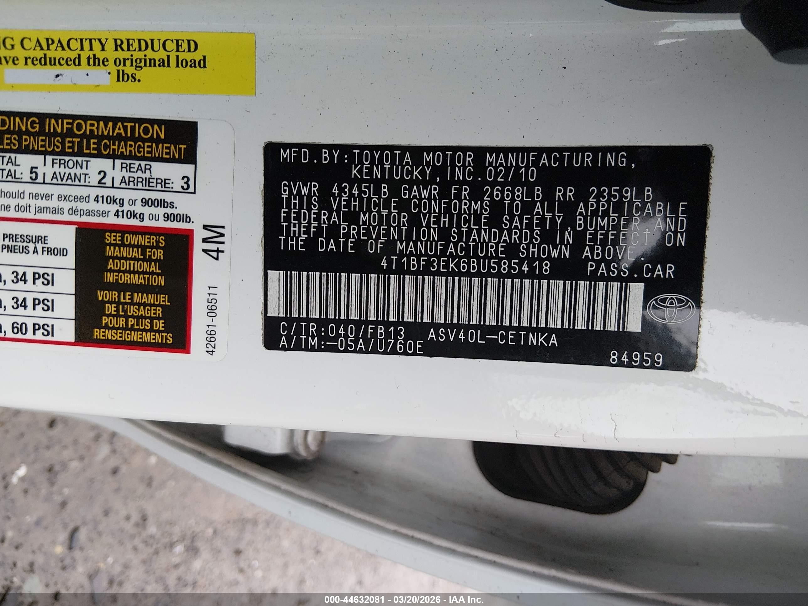 2011 Toyota Camry Le White vin: 4T1BF3EK6BU585418