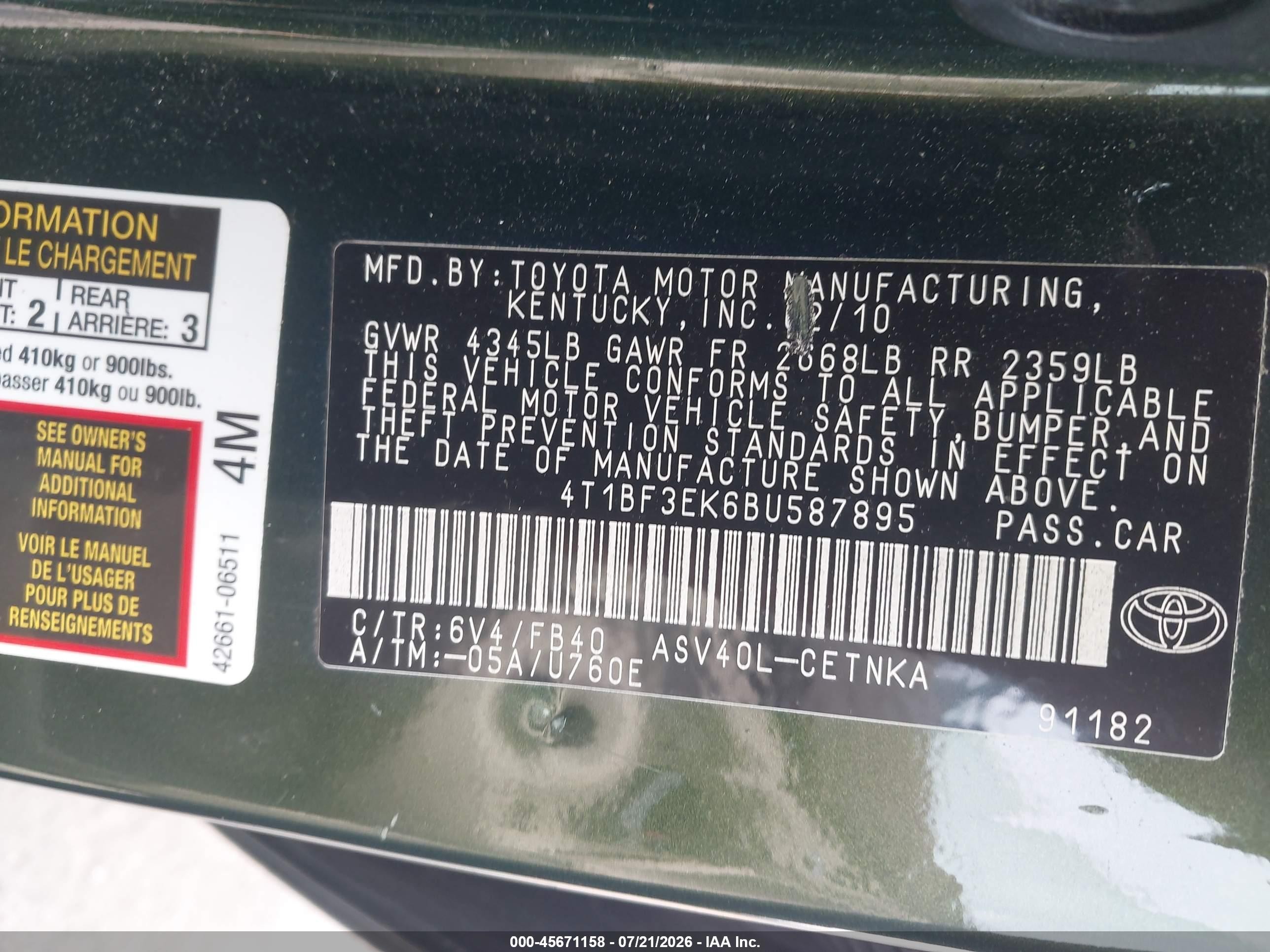 2011 Toyota Camry Le Green vin: 4T1BF3EK6BU587895